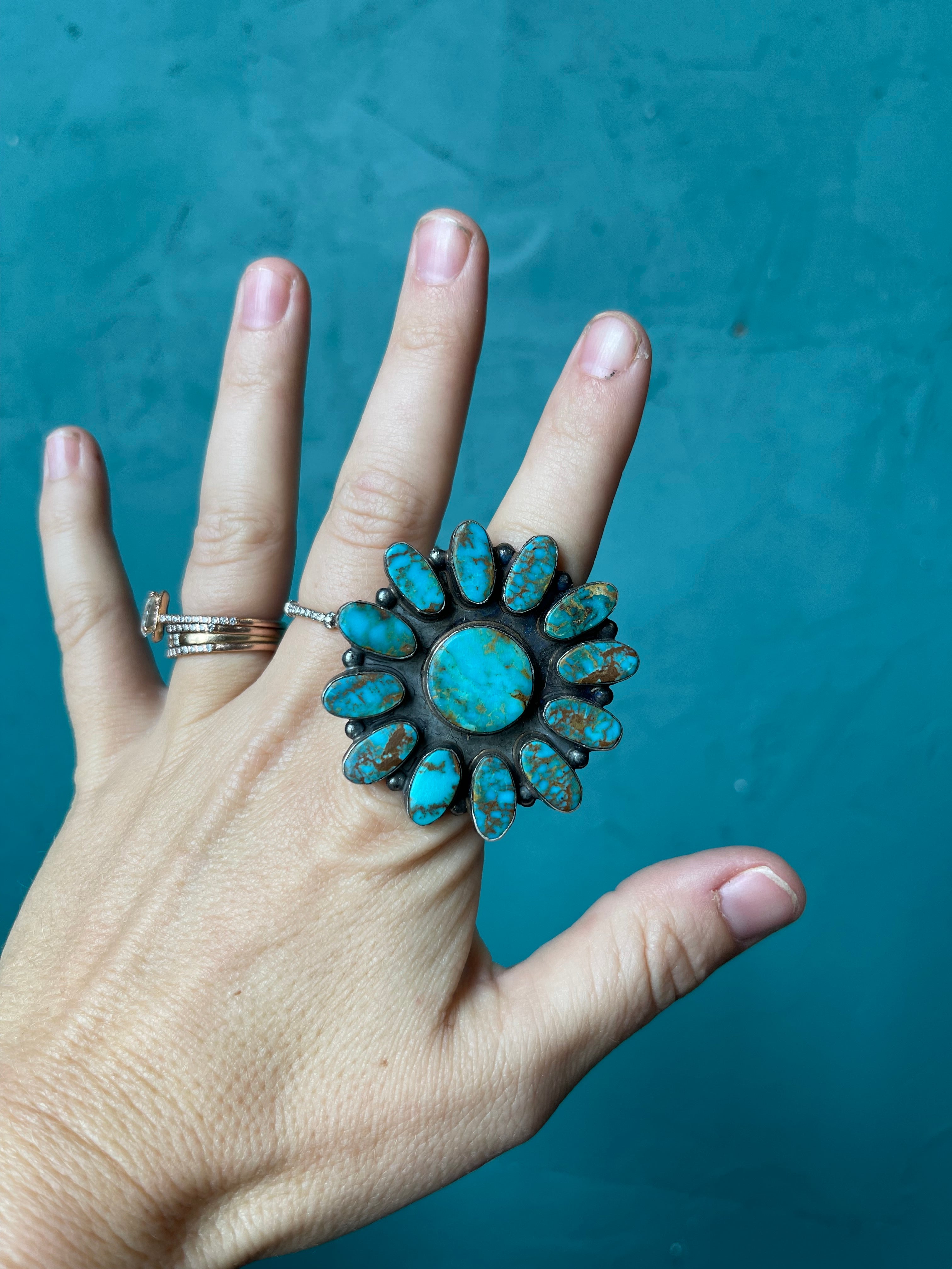 12 Turquoise Stone Flower Ring
