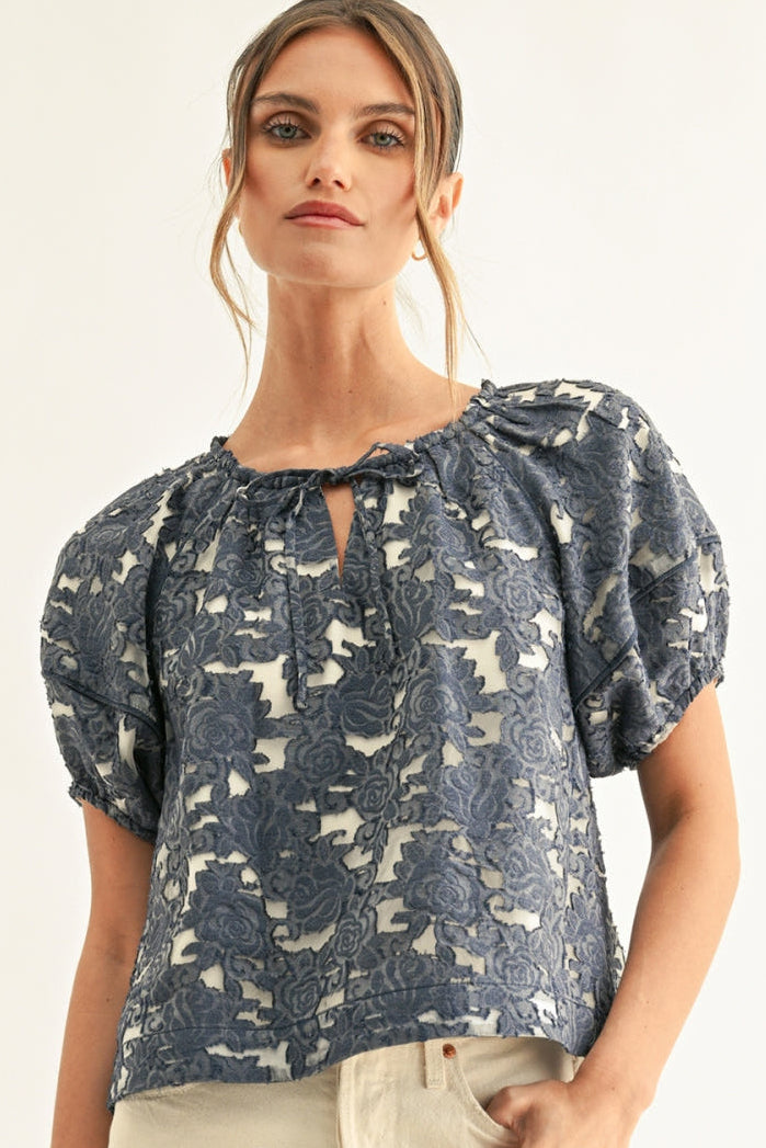 Briana Jacquard Lantern Sleeves Blouse