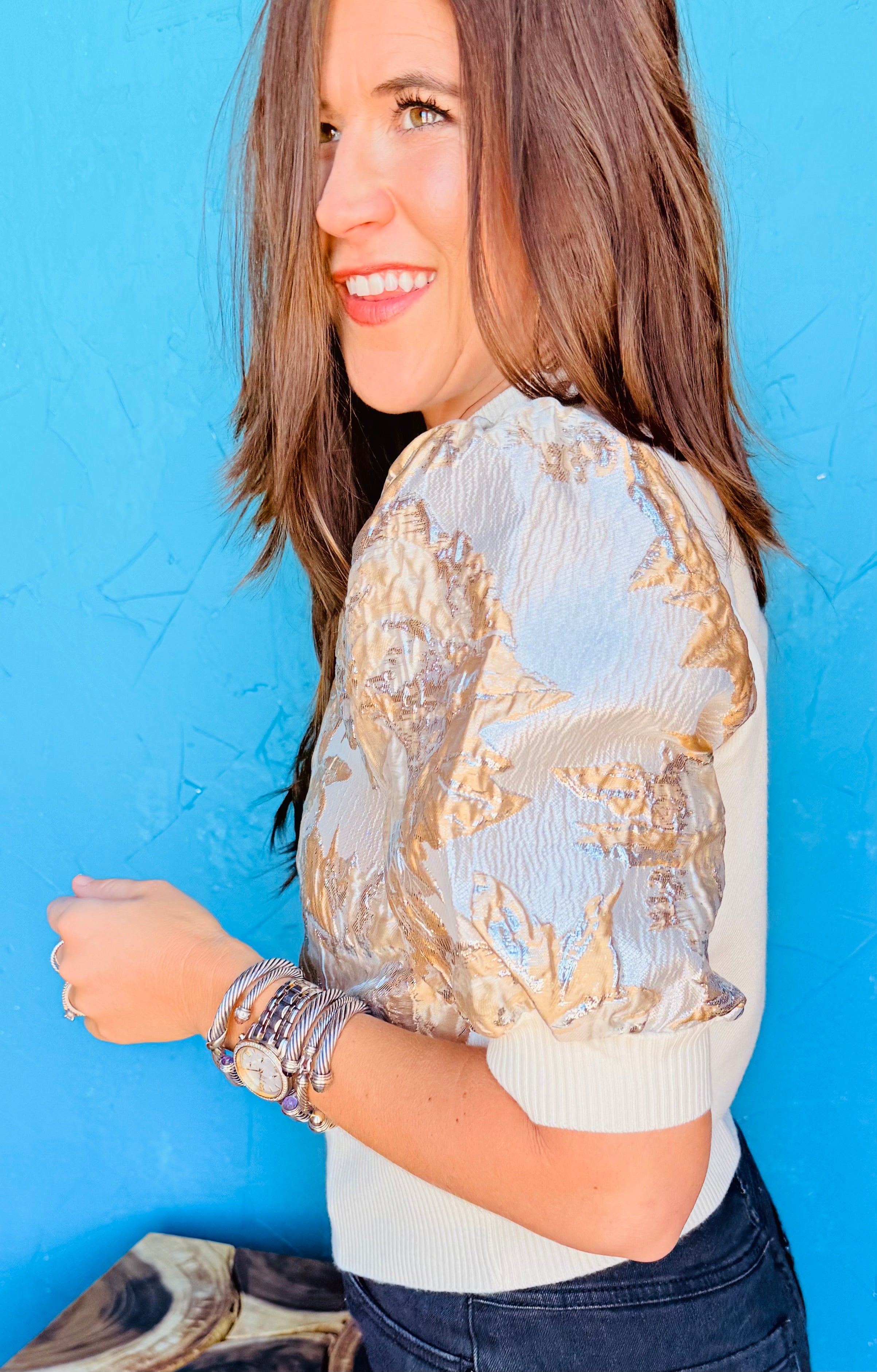 Metallic Puff Sleeve Knit Top