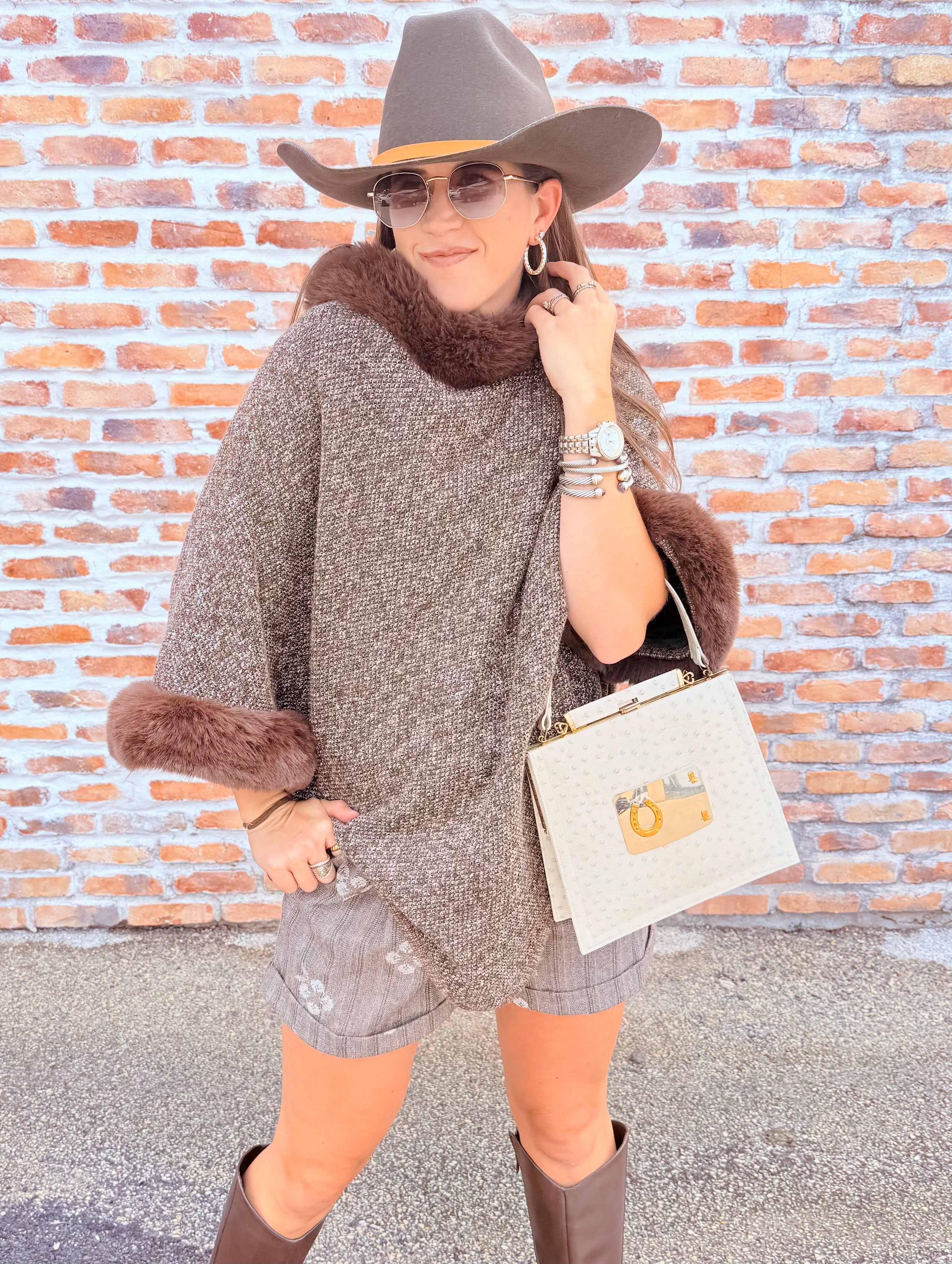 Vegan Fur Collared Poncho
