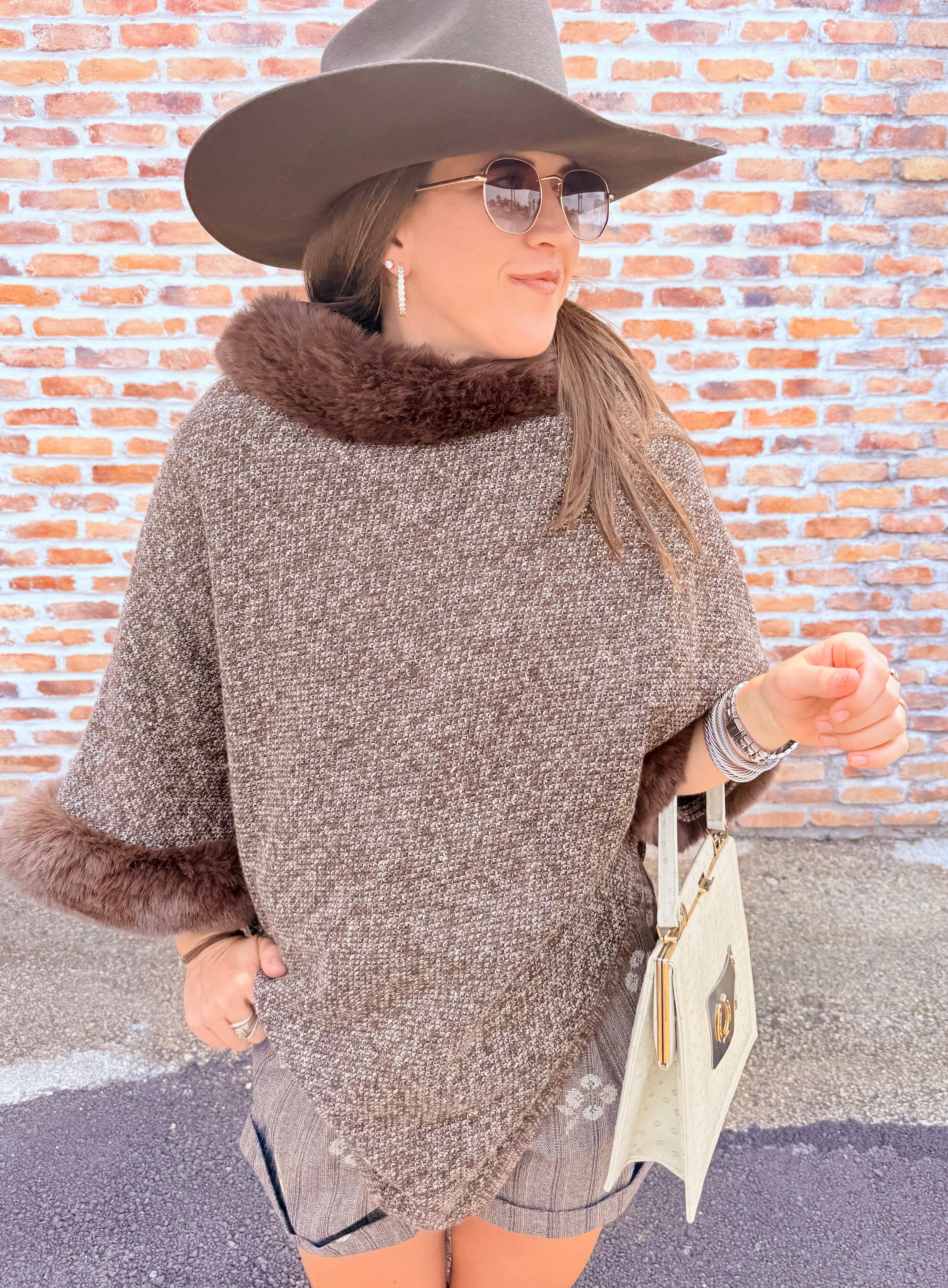 Vegan Fur Collared Poncho
