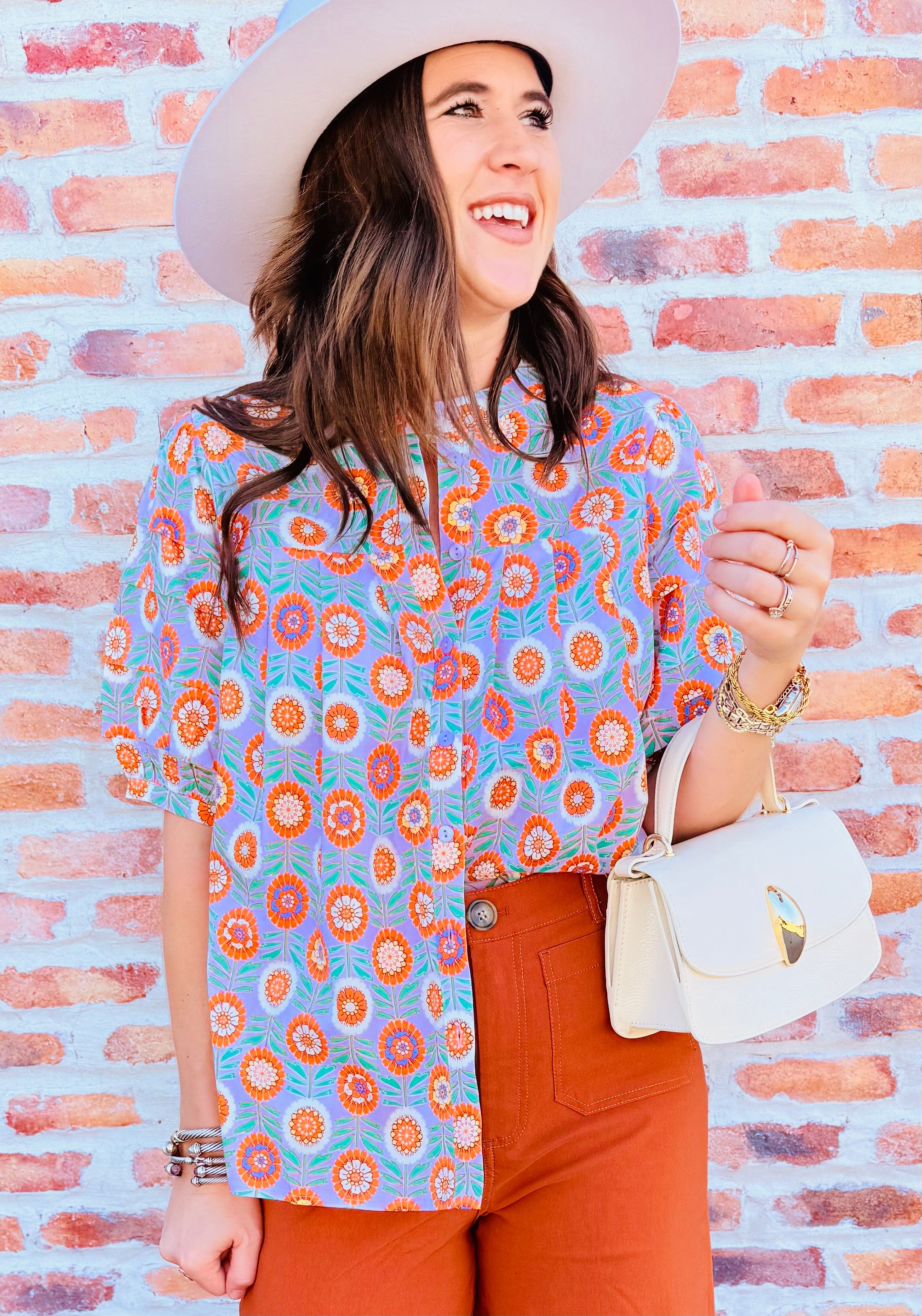 Floral Button Pleat Sleeve Top