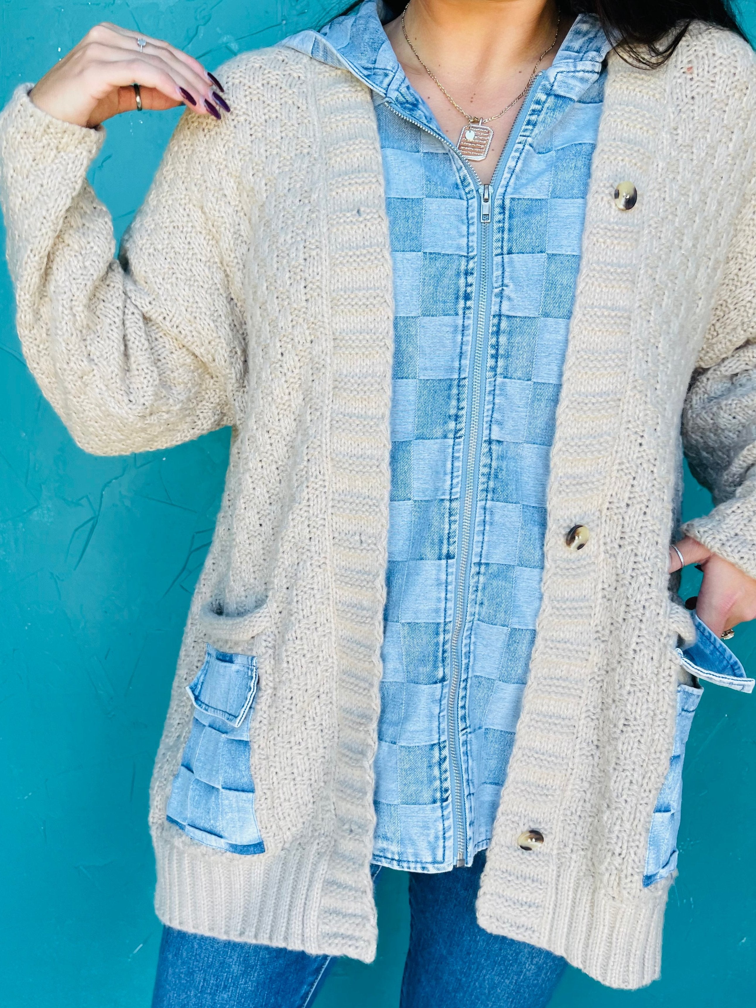 Checker Denim Zip Up Cardigan