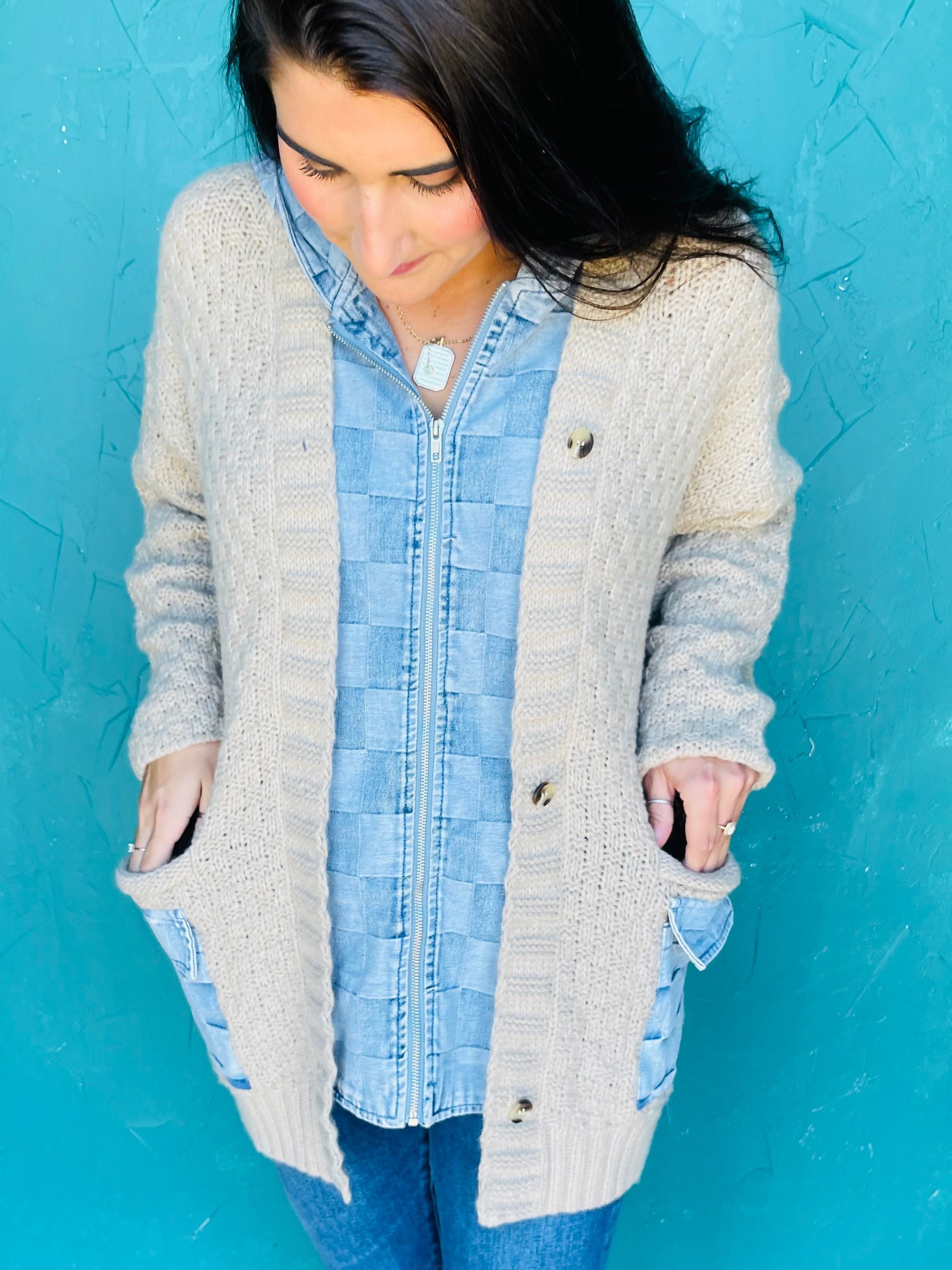 Checker Denim Zip Up Cardigan