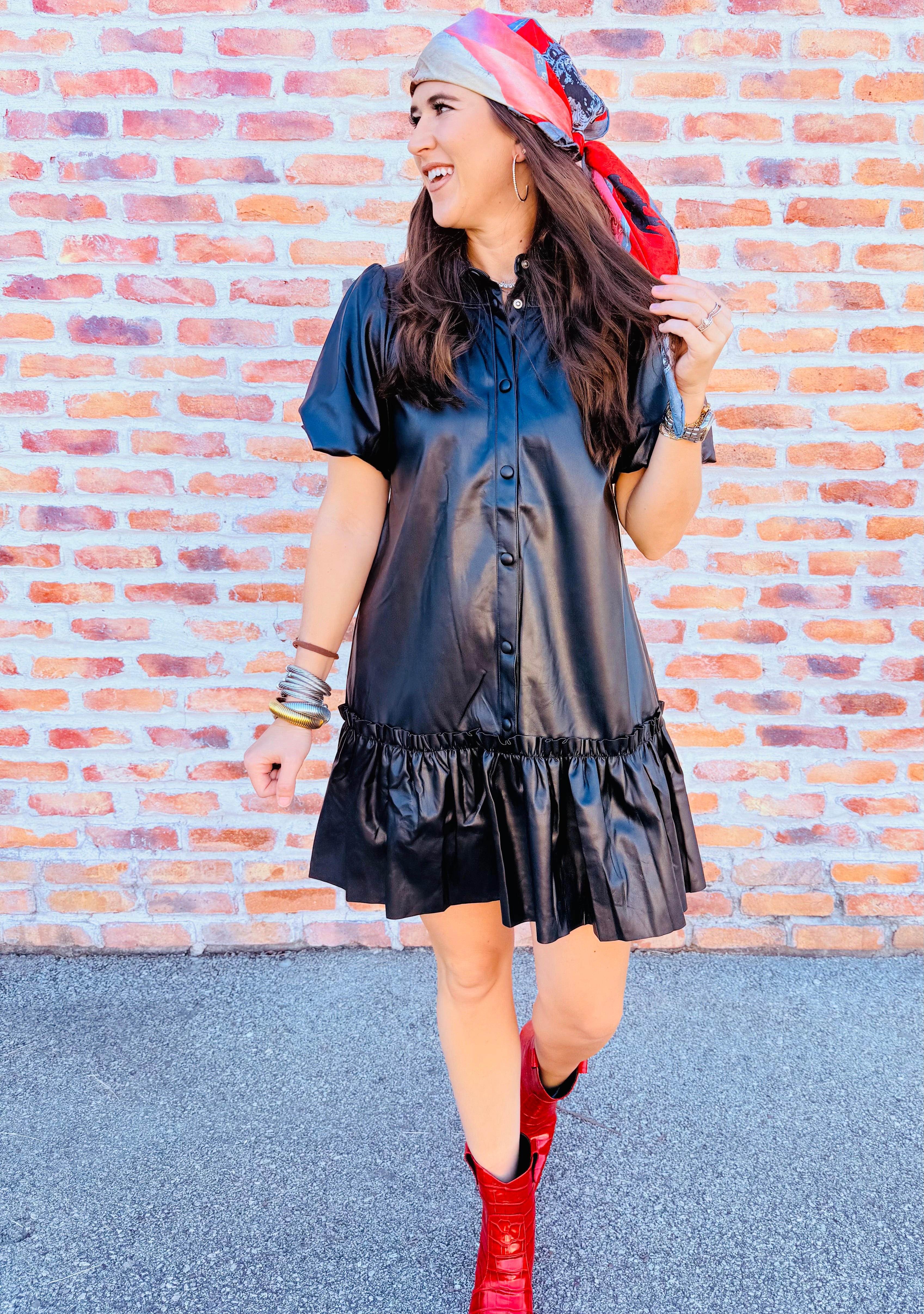 Solid Pleather Puff Sleeve Ruffle Dress