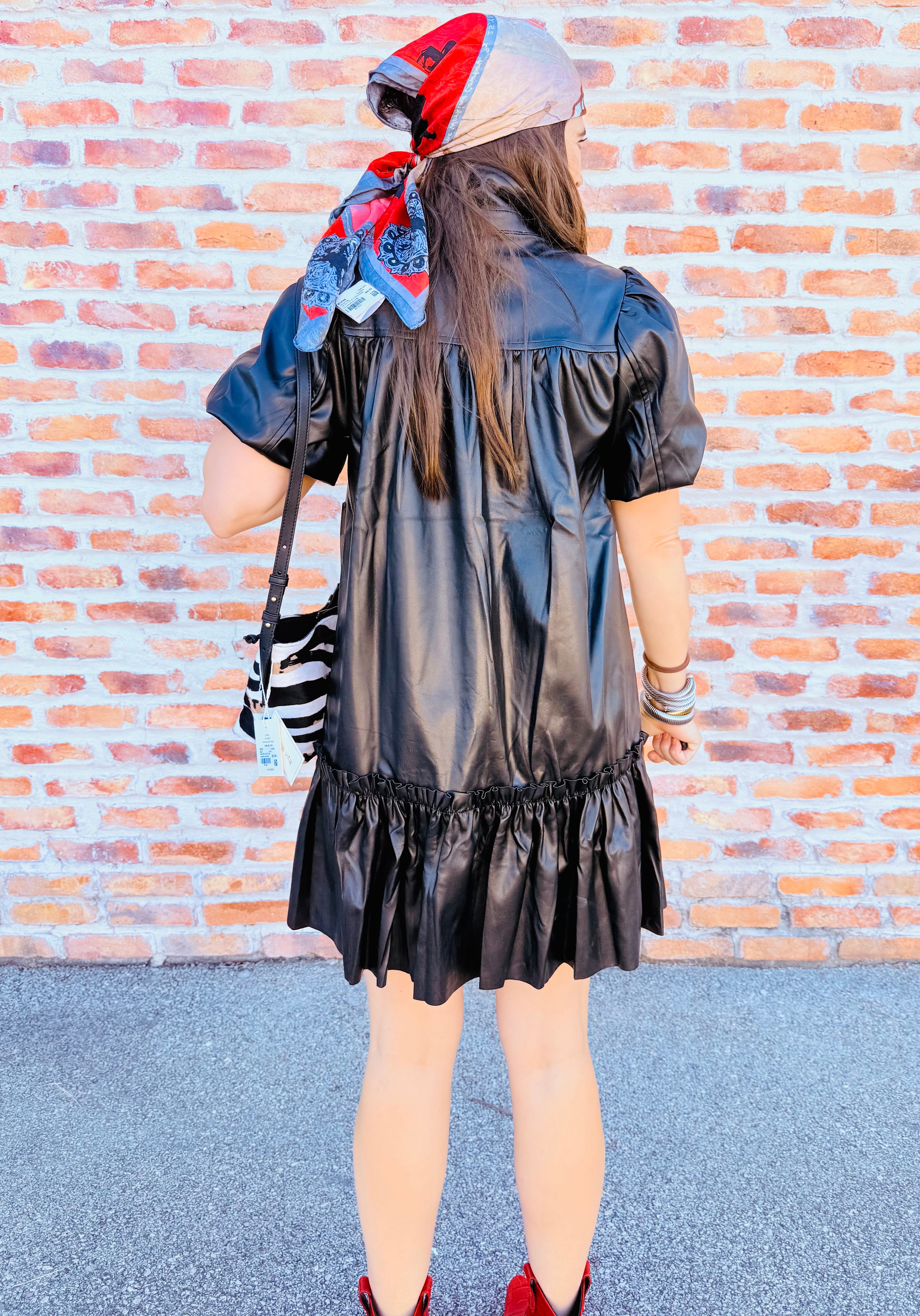 Solid Pleather Puff Sleeve Ruffle Dress