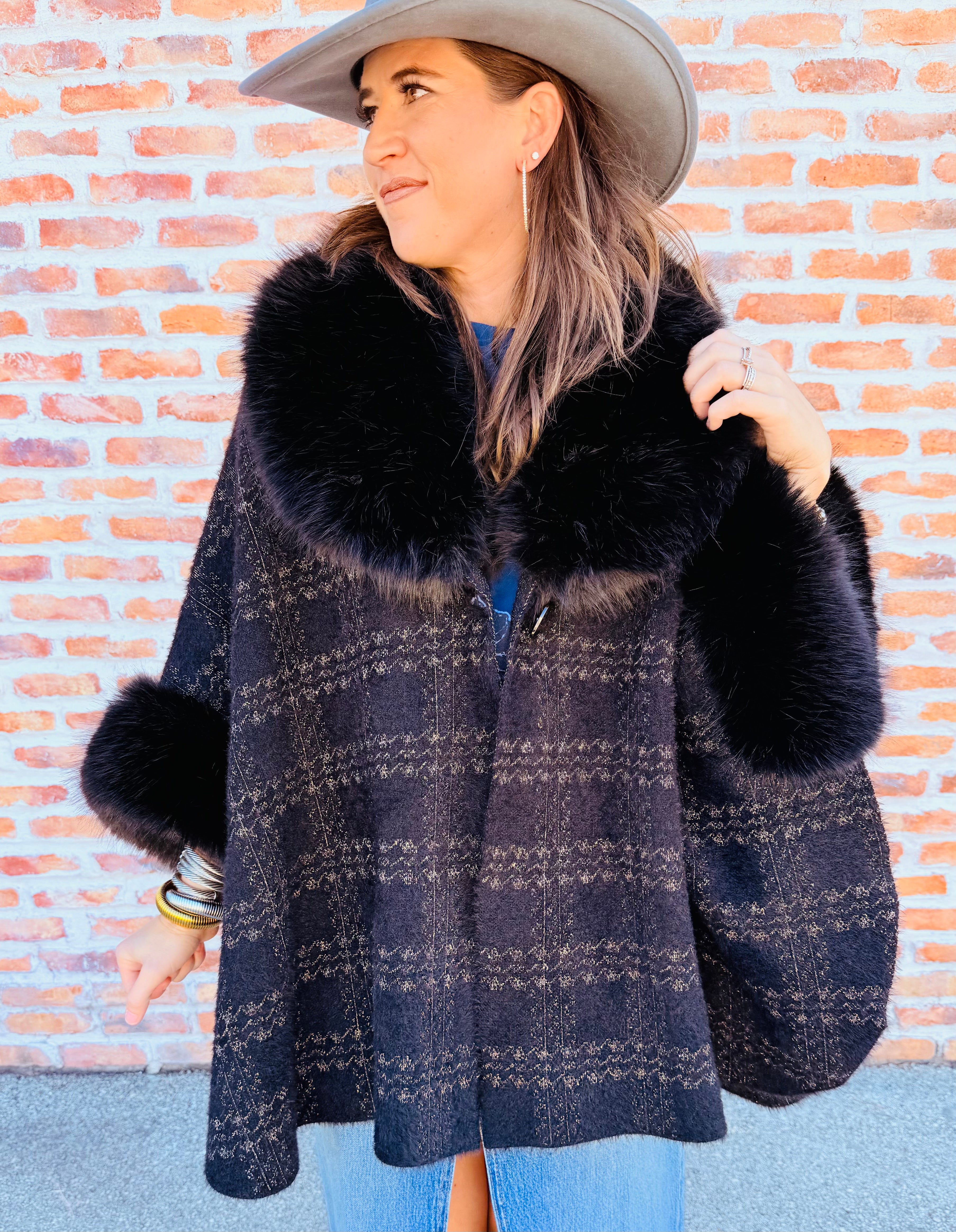 Plaid Faux Fur Cape