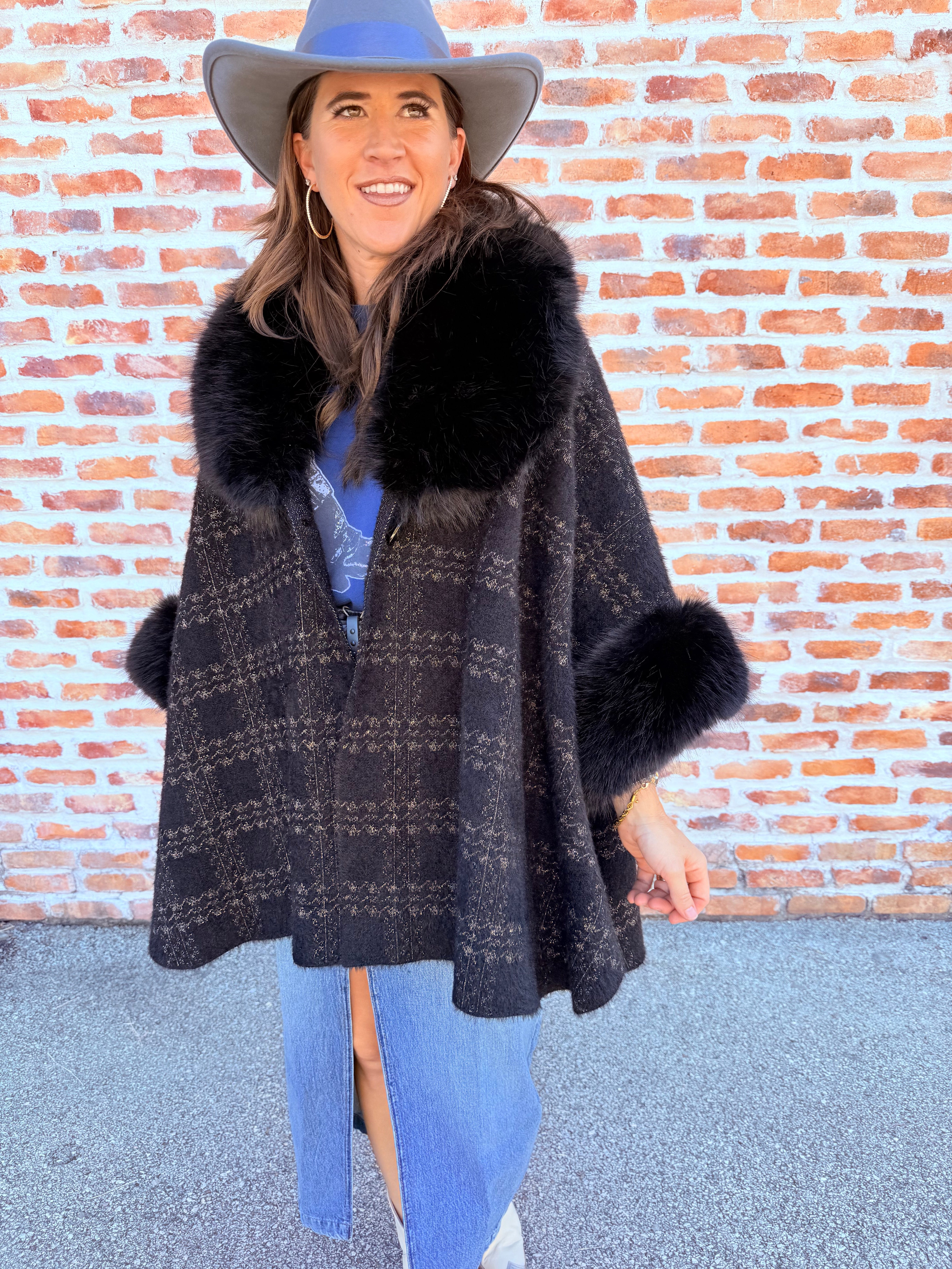 Plaid Faux Fur Cape