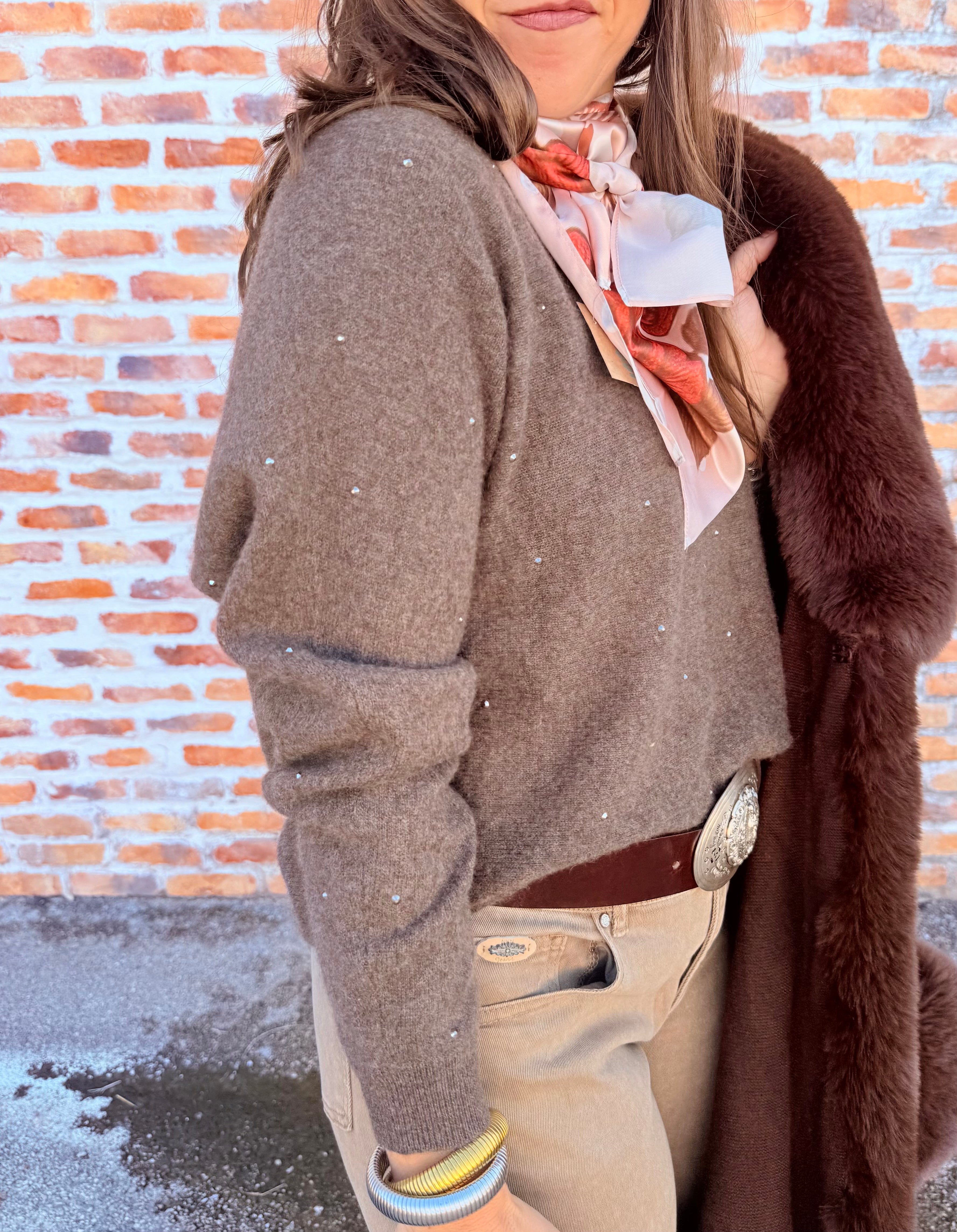 Rhinestone Cashmere V-Neck Sweater