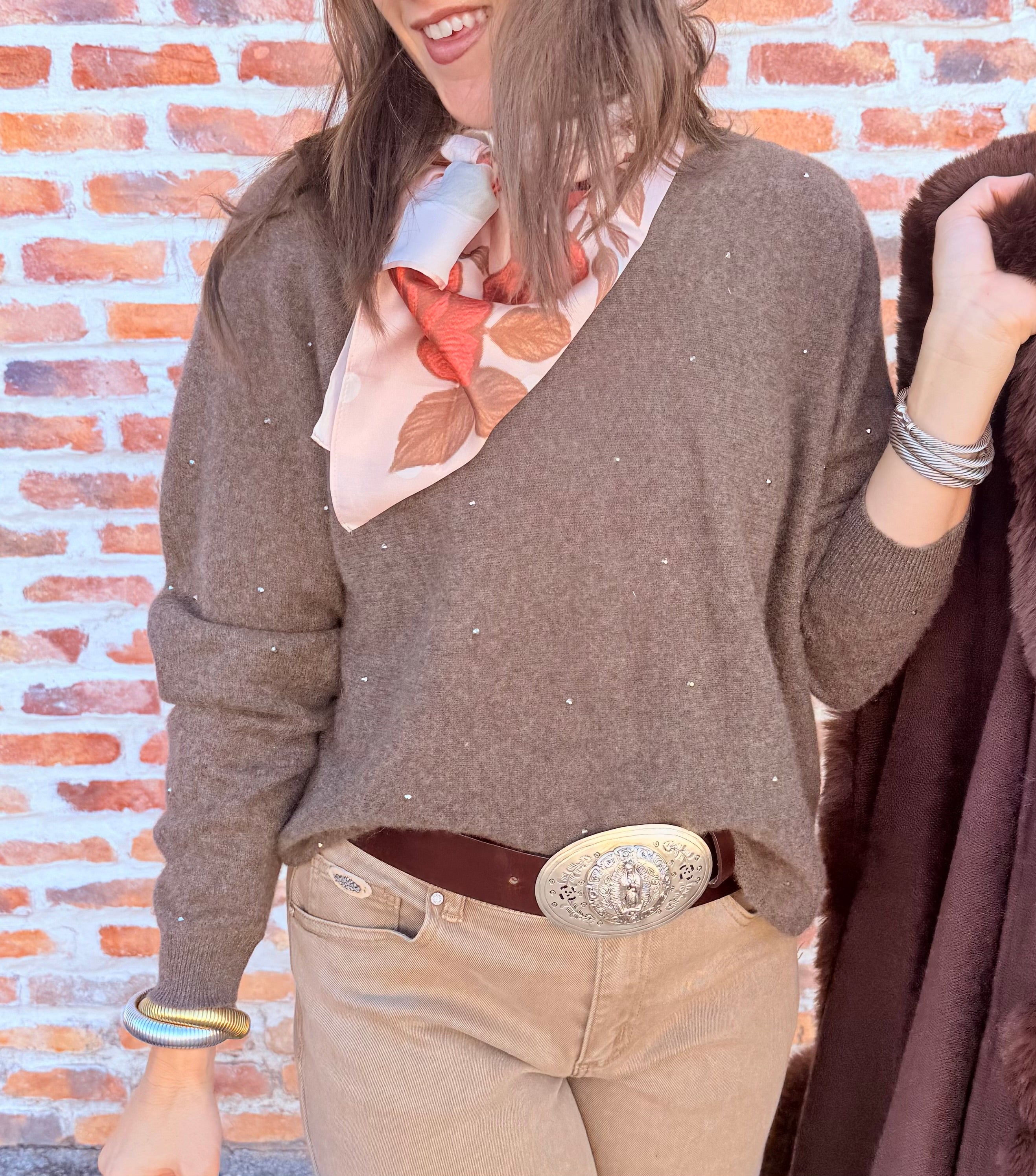 Rhinestone Cashmere V-Neck Sweater