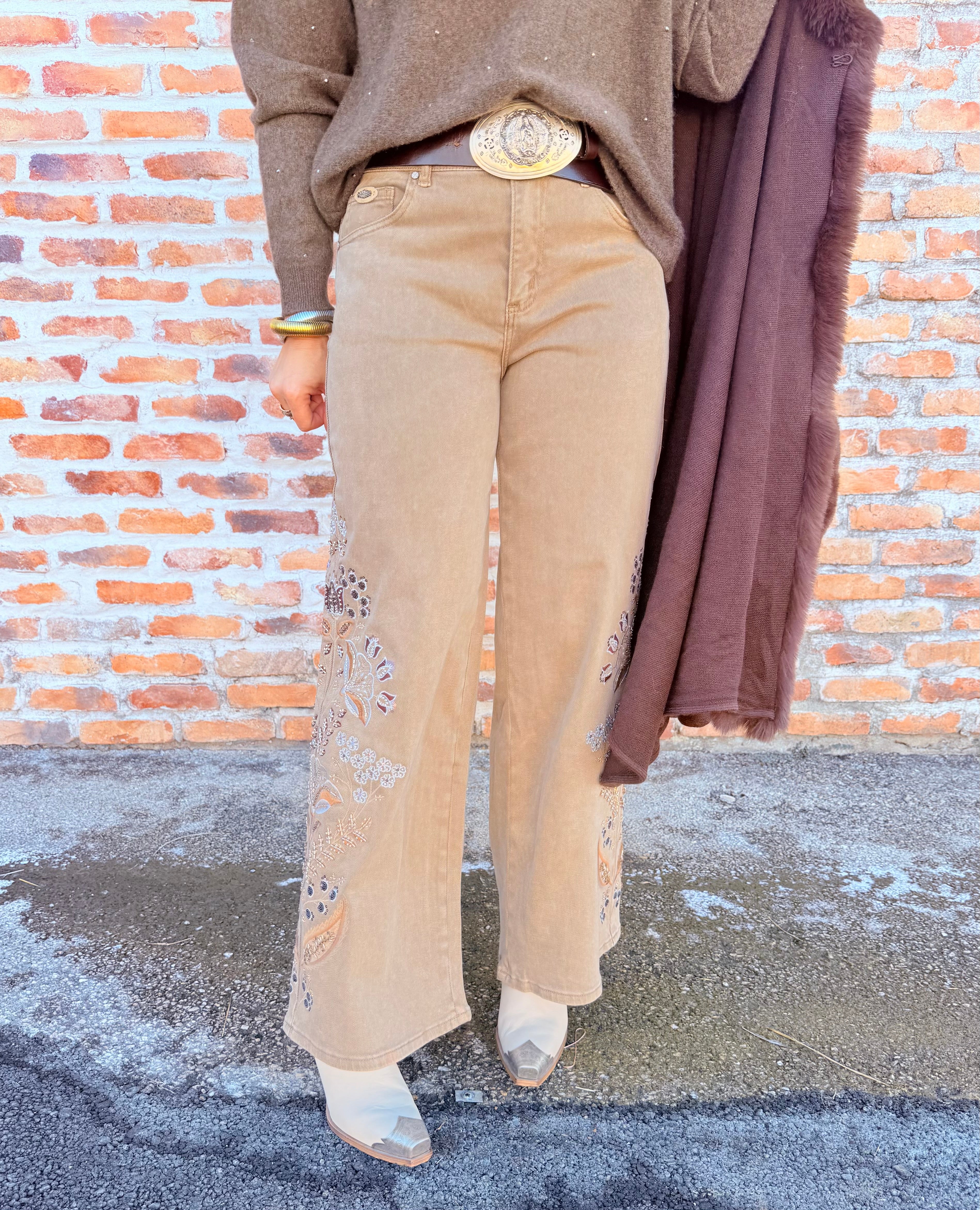 Embroidered Pants W/Rhinestone