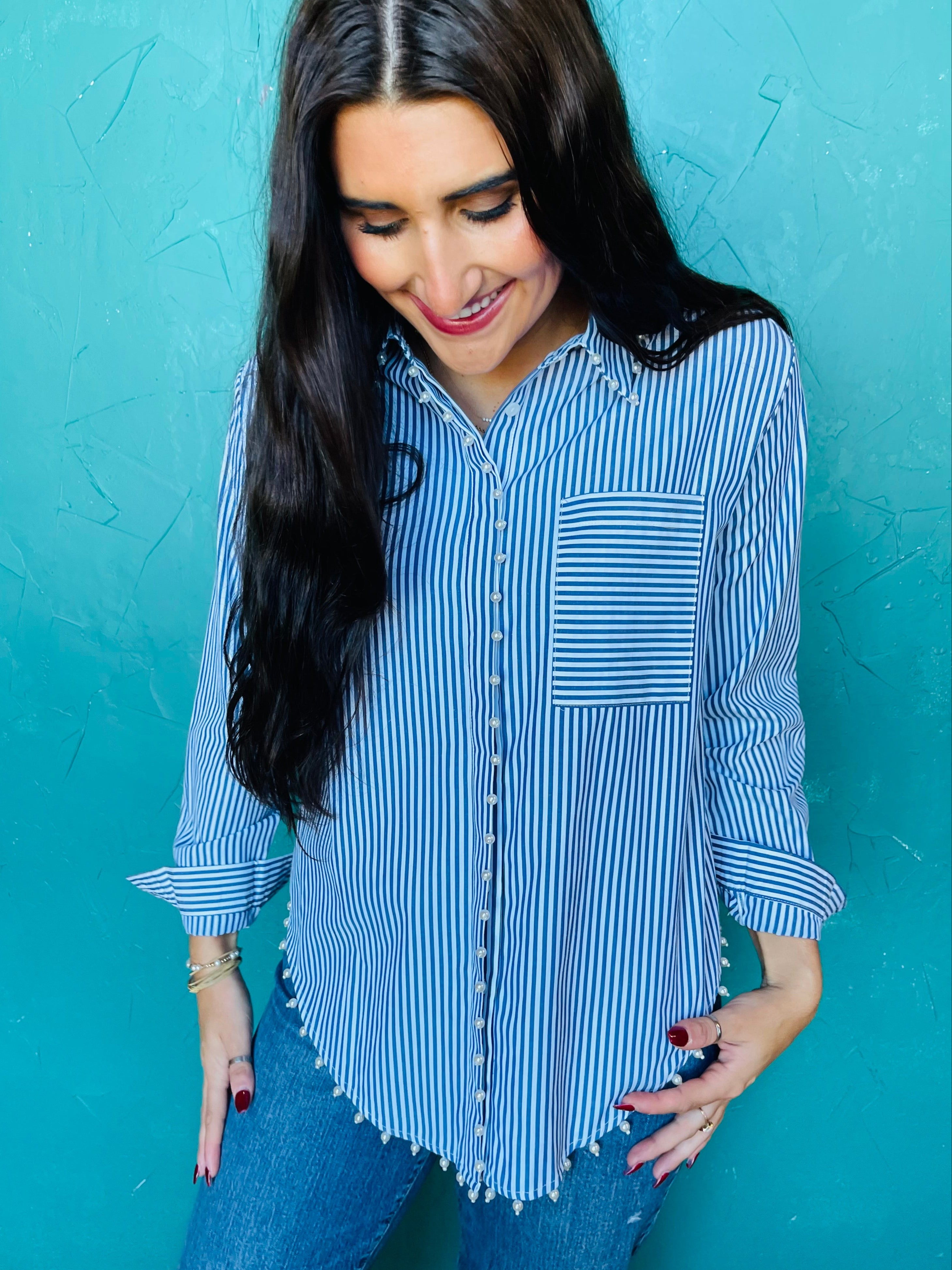 Blue Stripe Pearl Button down