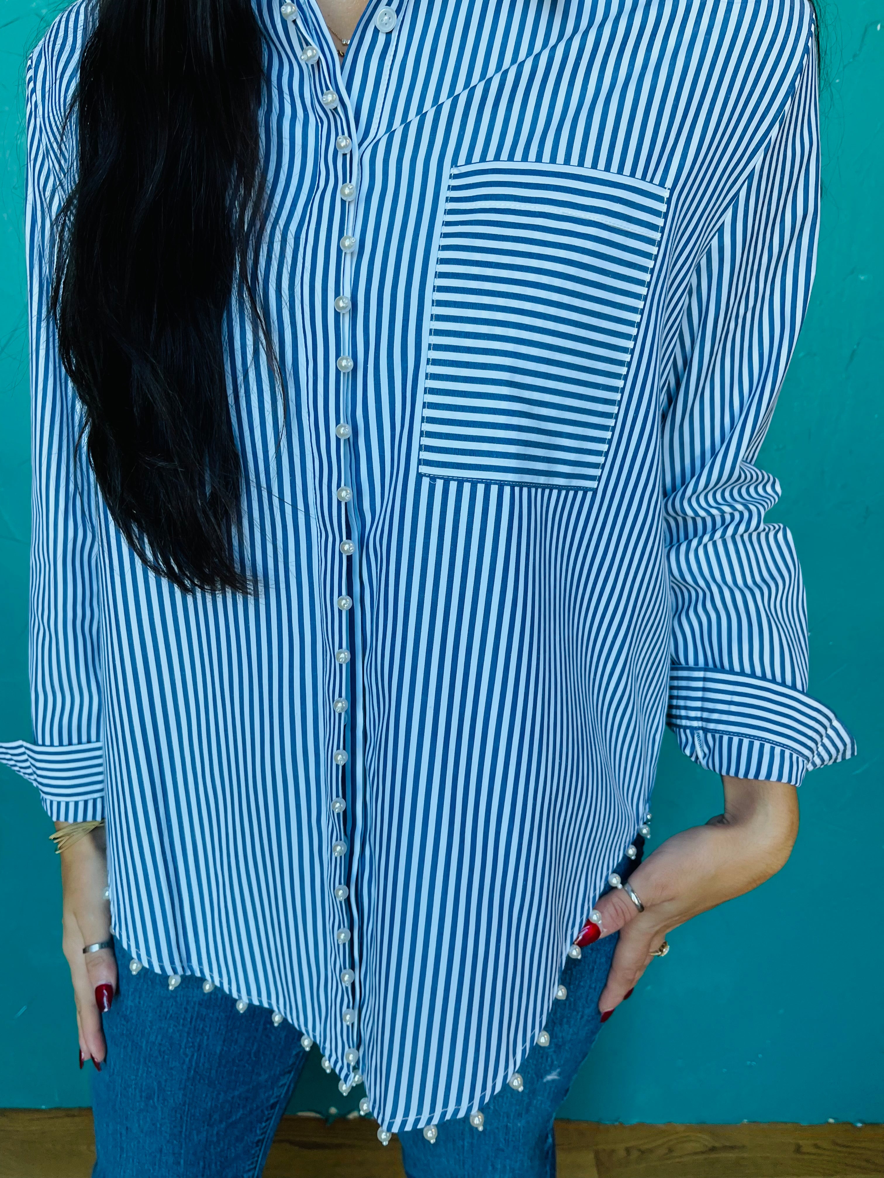 Blue Stripe Pearl Button down