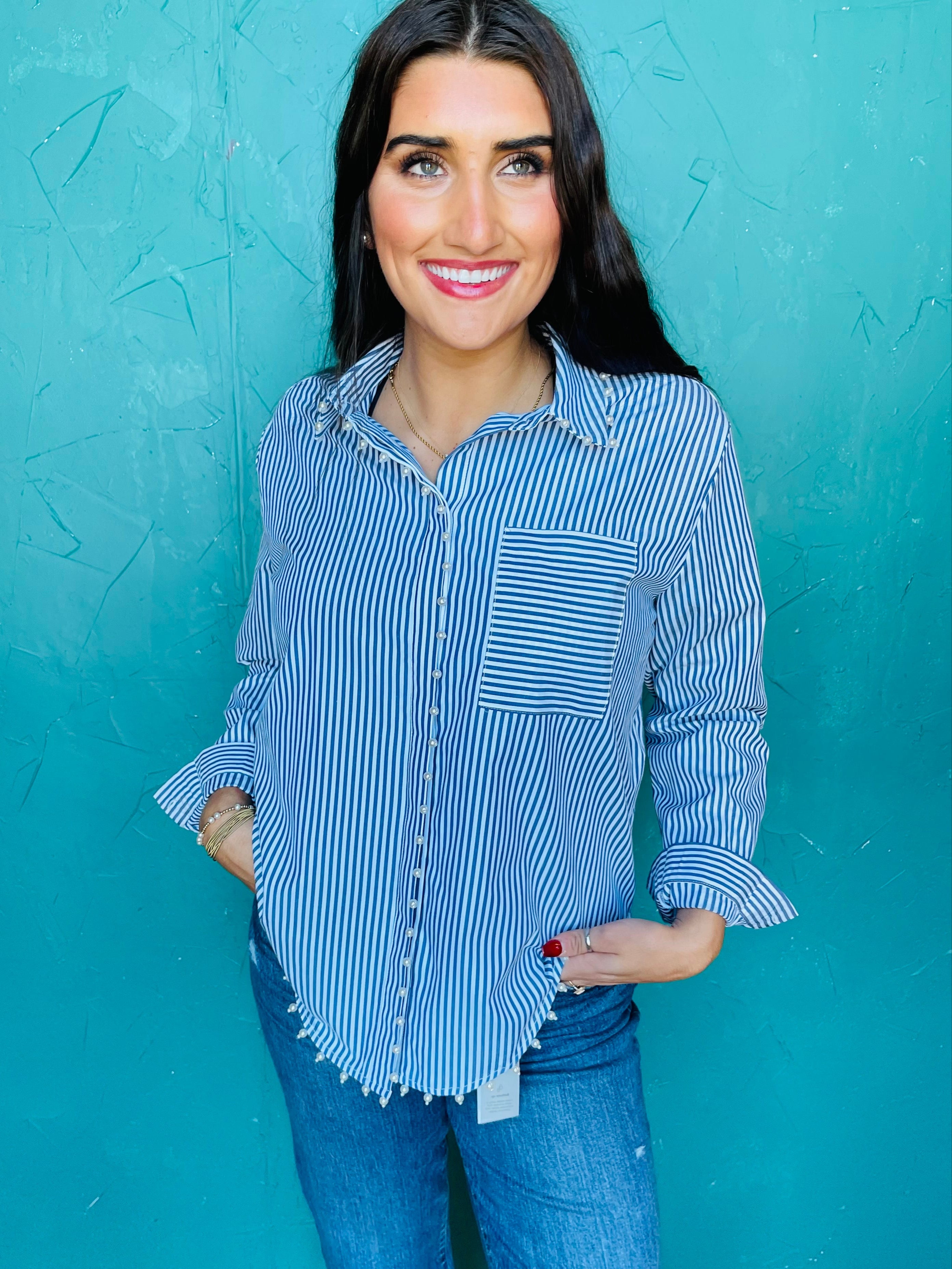 Blue Stripe Pearl Button down