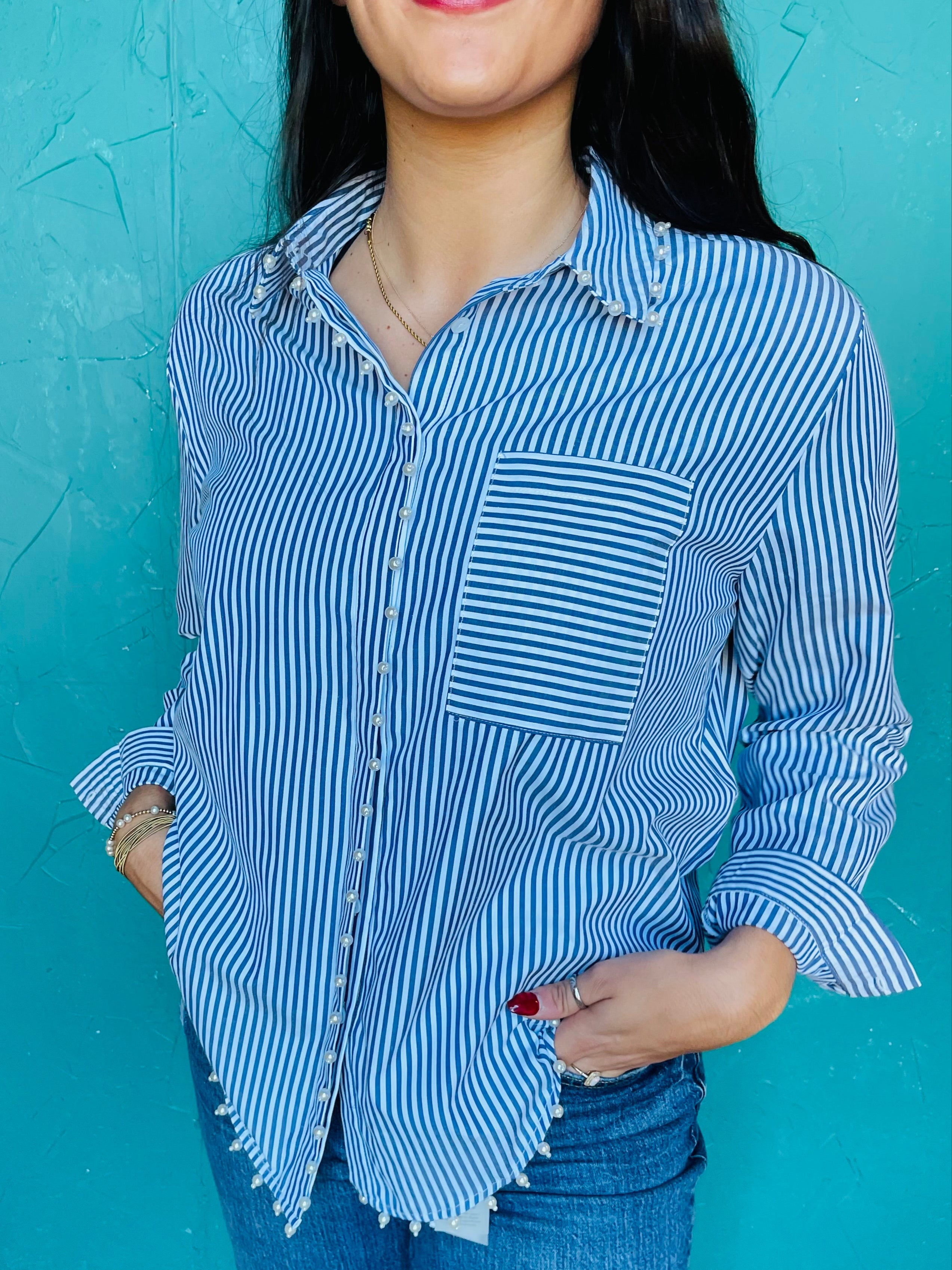 Blue Stripe Pearl Button down