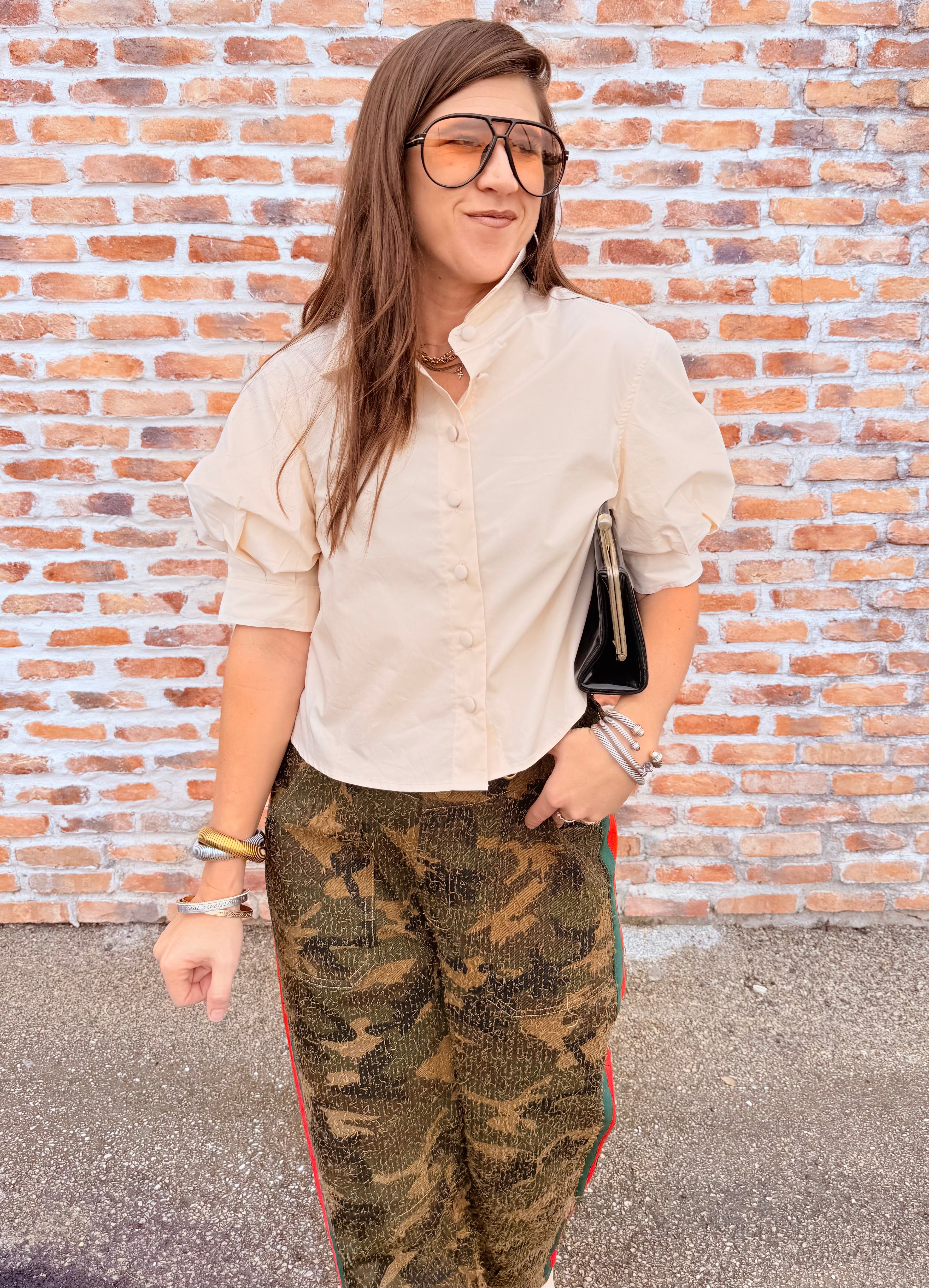 Solid Puff Sleeve Button Top
