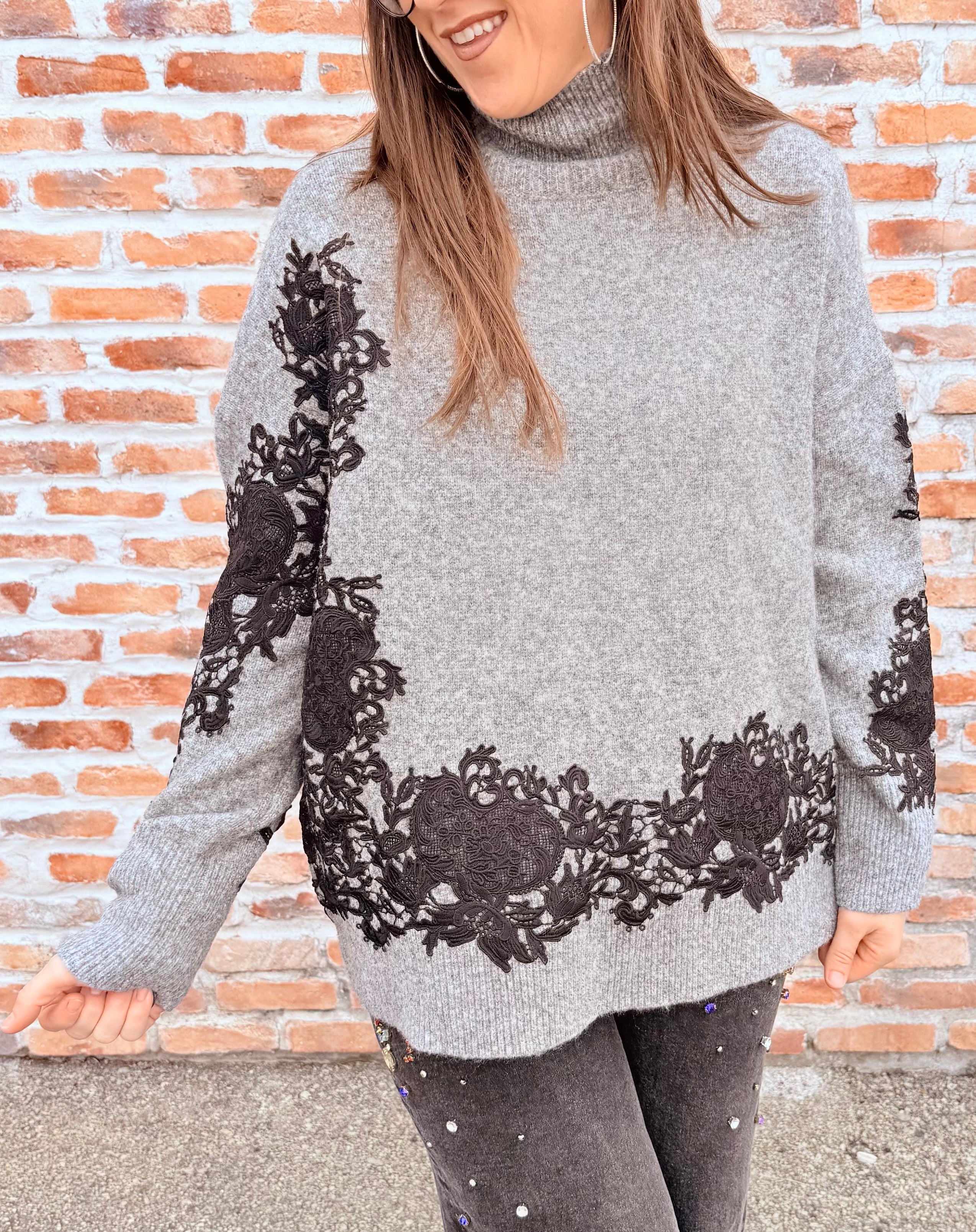 Lace Applique Mock Neck Sweater