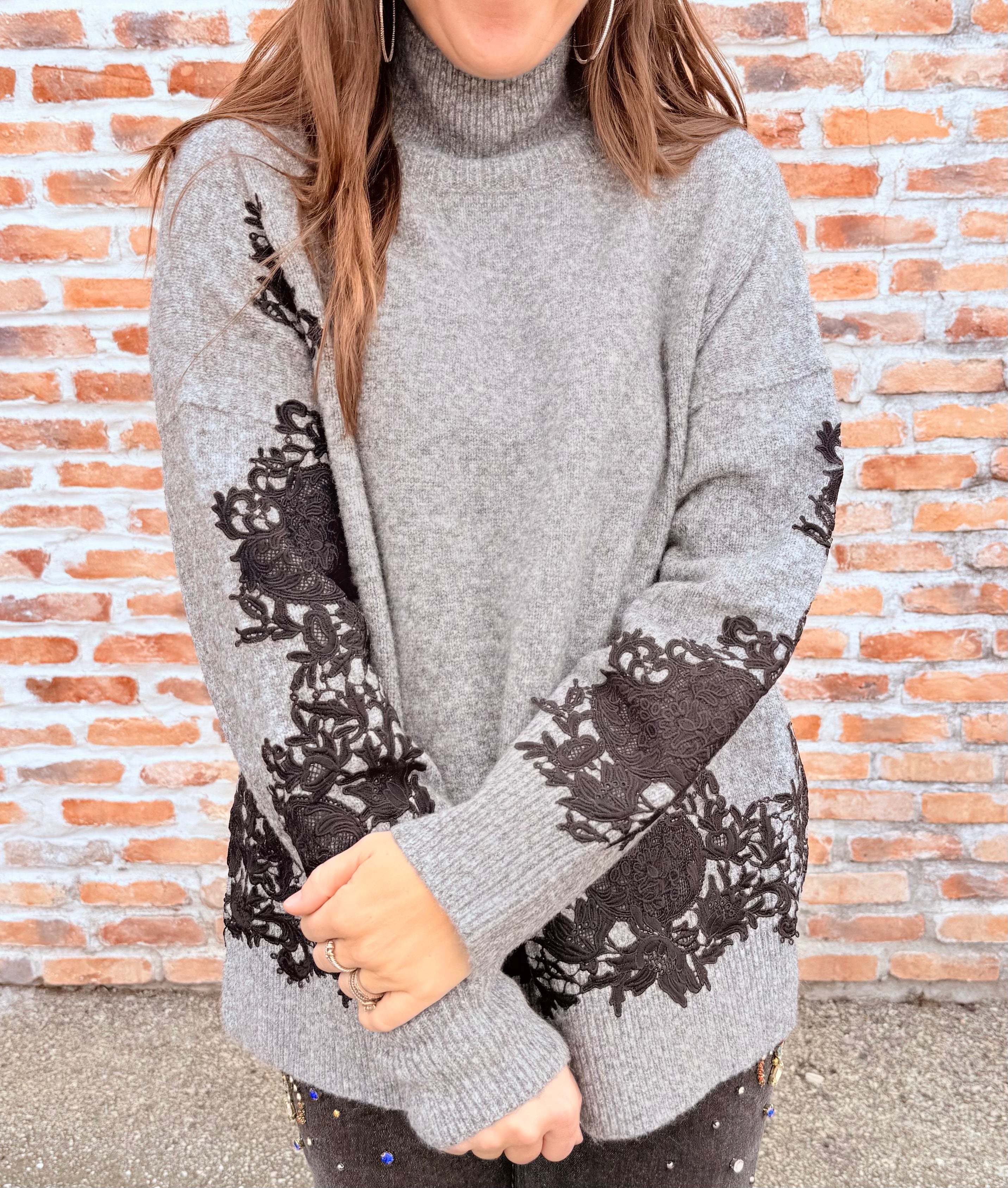 Lace Applique Mock Neck Sweater