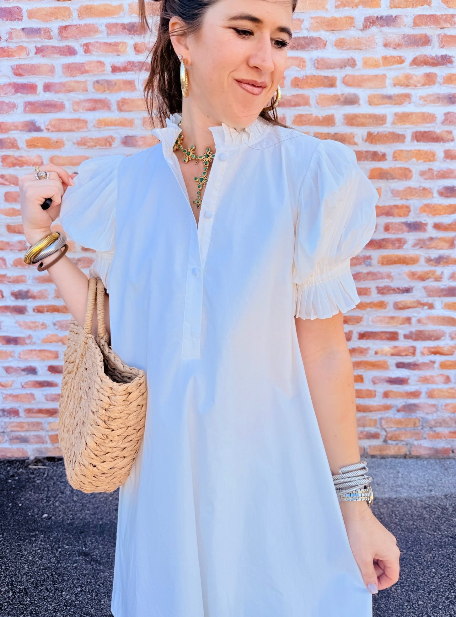 Poplin Ruffle Neck Tie Dress