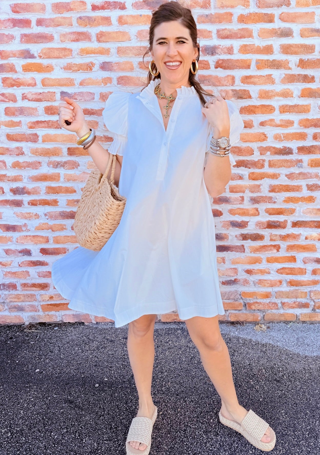 Poplin Ruffle Neck Tie Dress