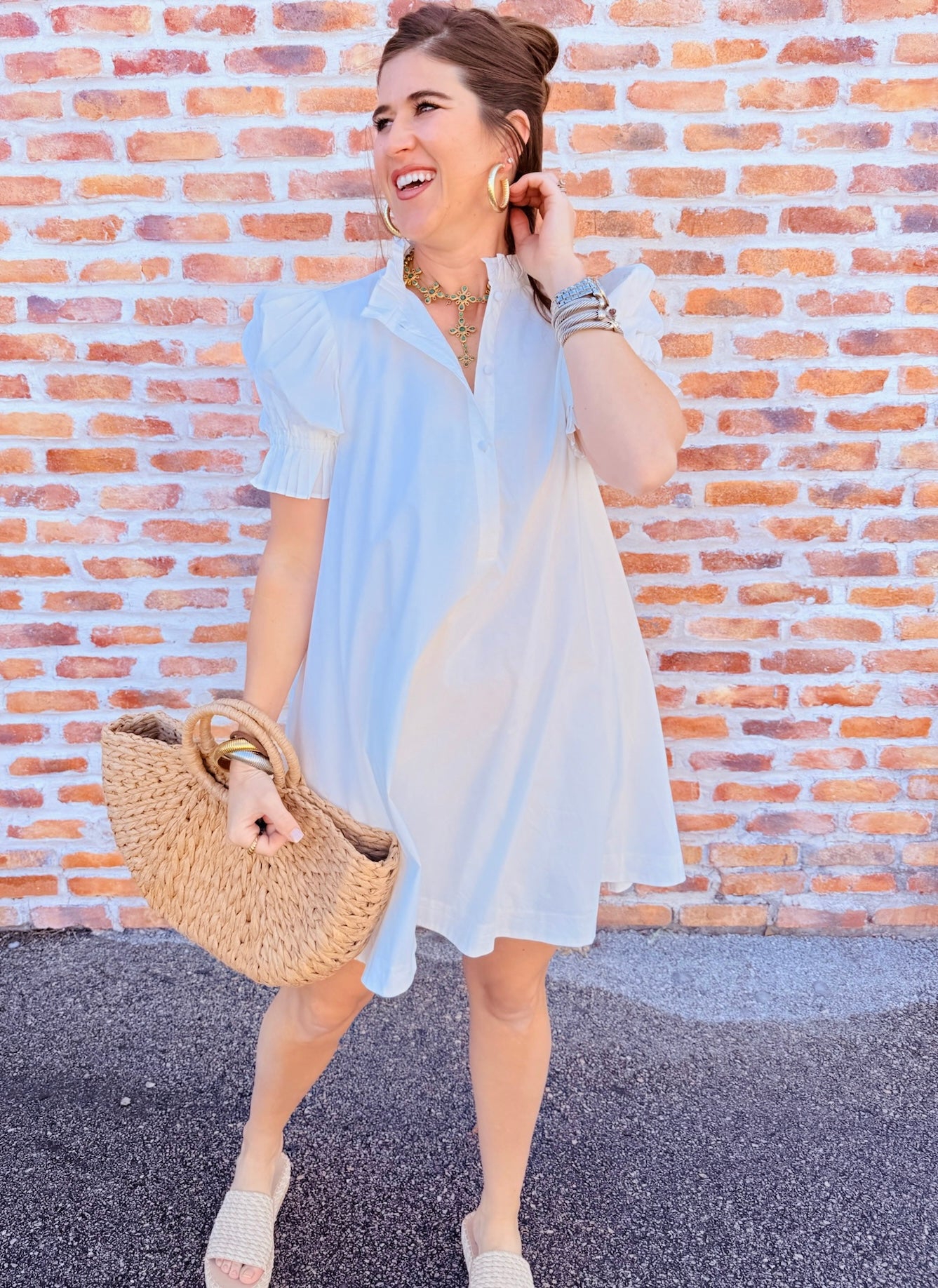 Poplin Ruffle Neck Tie Dress