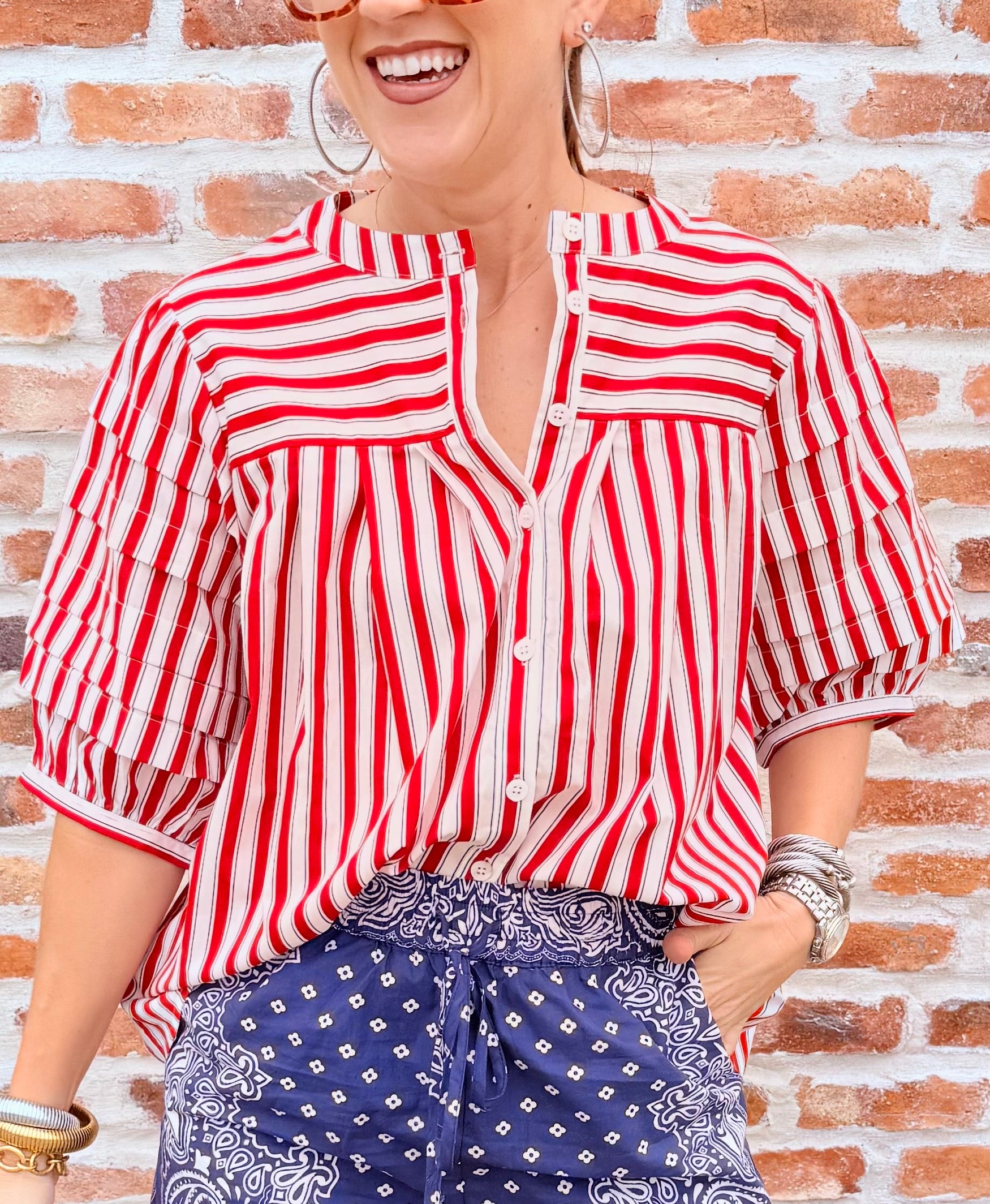 Stripe "America" Pleat Sleeve Top