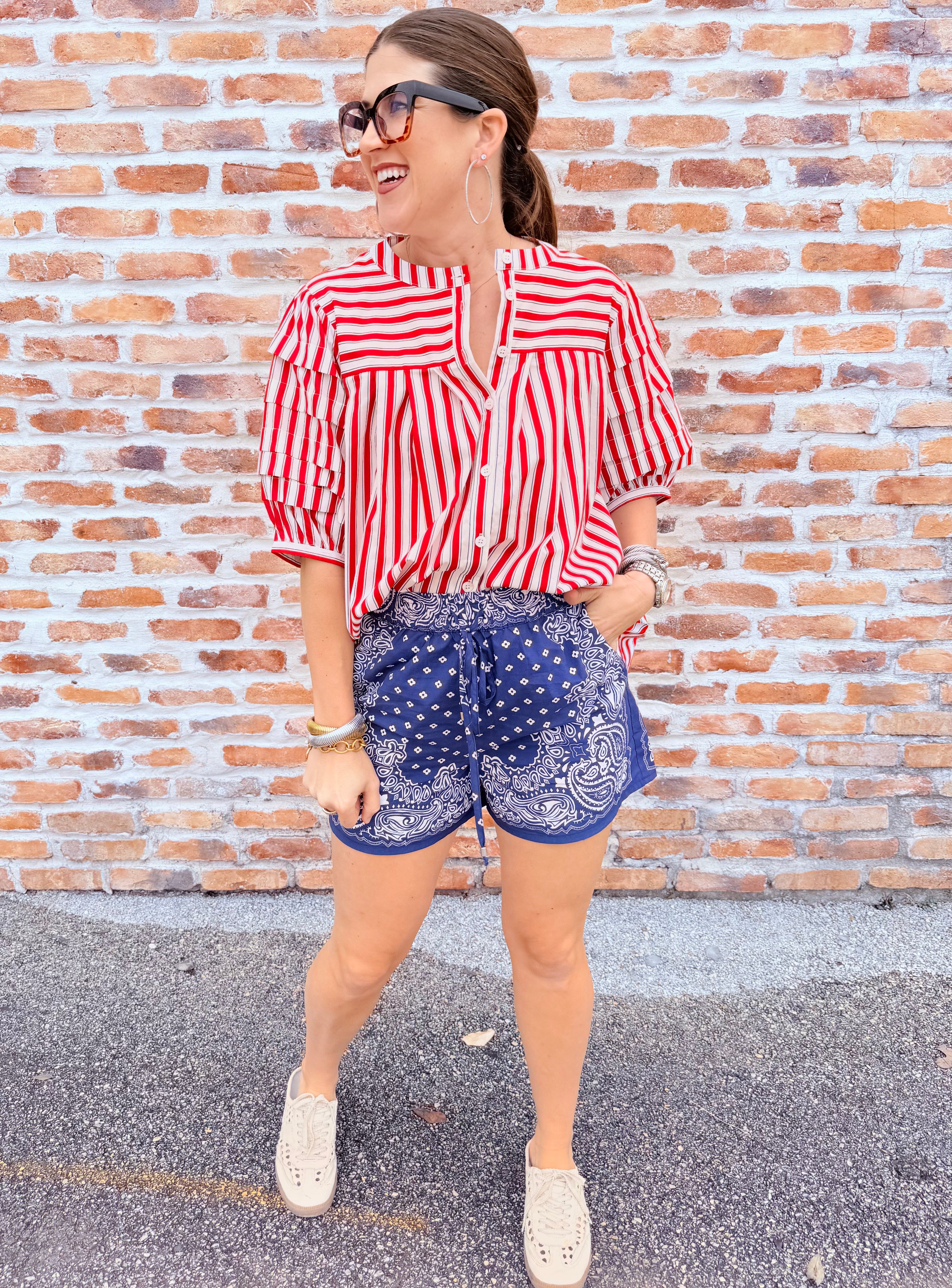 Stripe "America" Pleat Sleeve Top