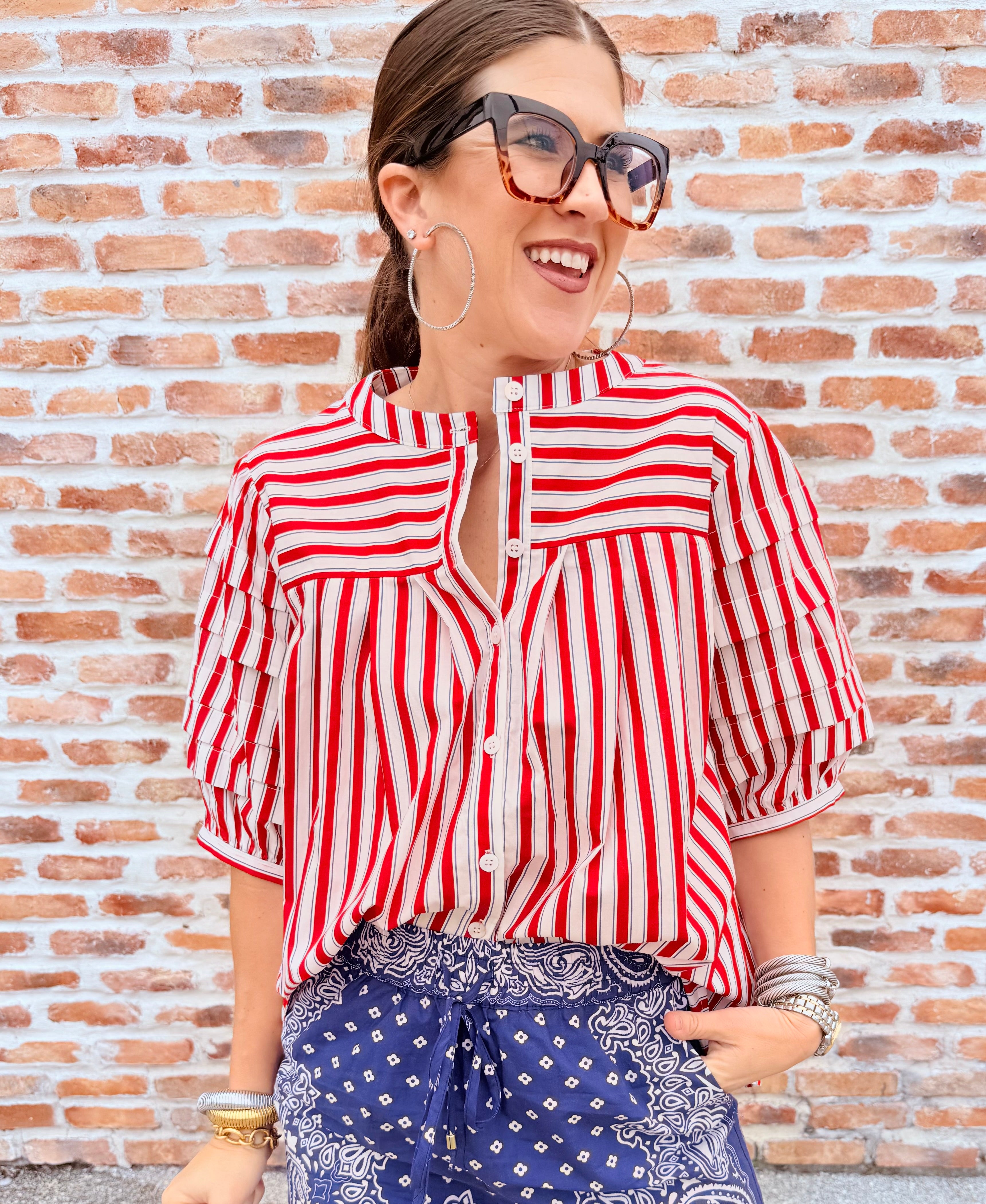 Stripe "America" Pleat Sleeve Top