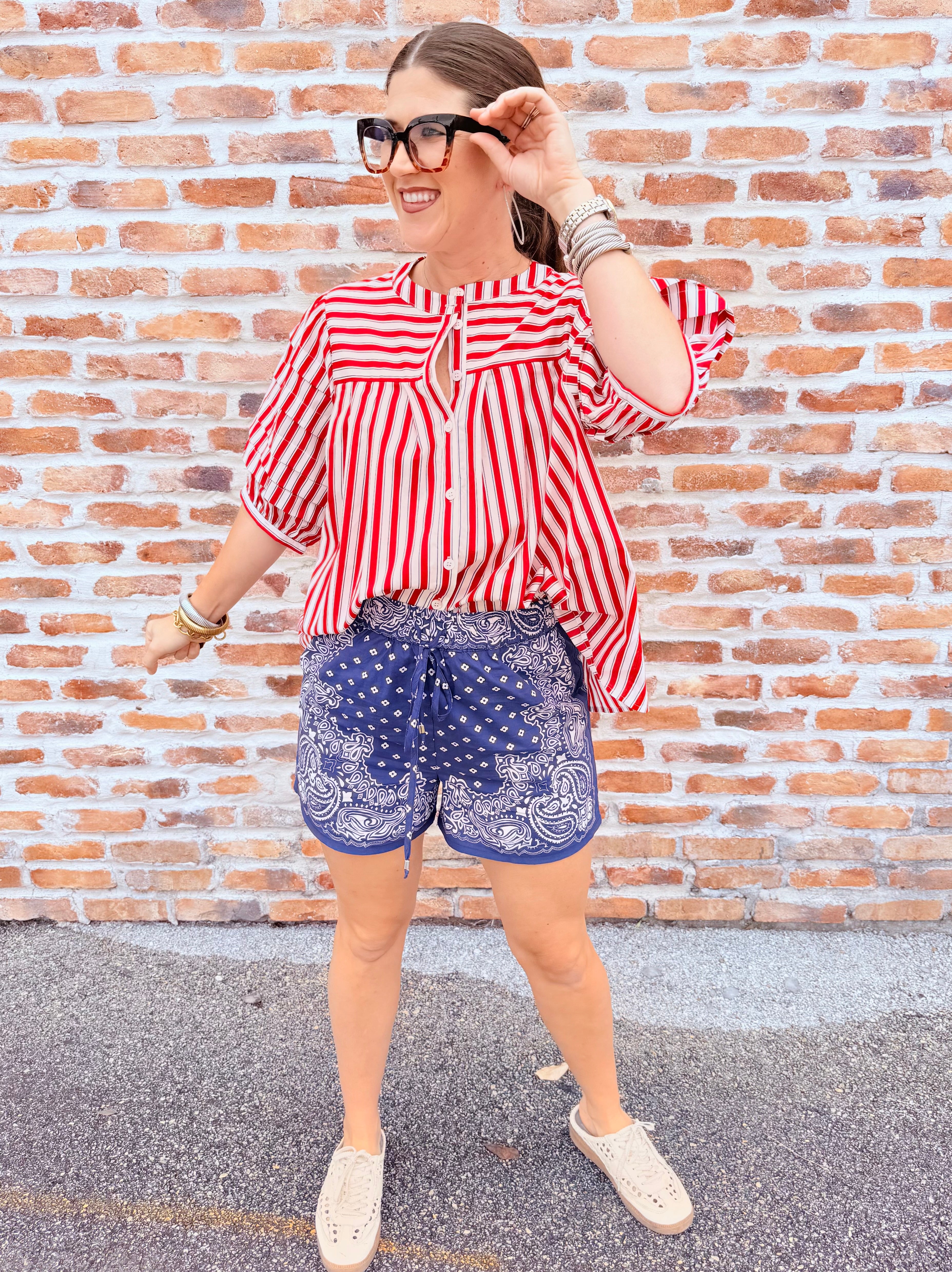 Stripe "America" Pleat Sleeve Top