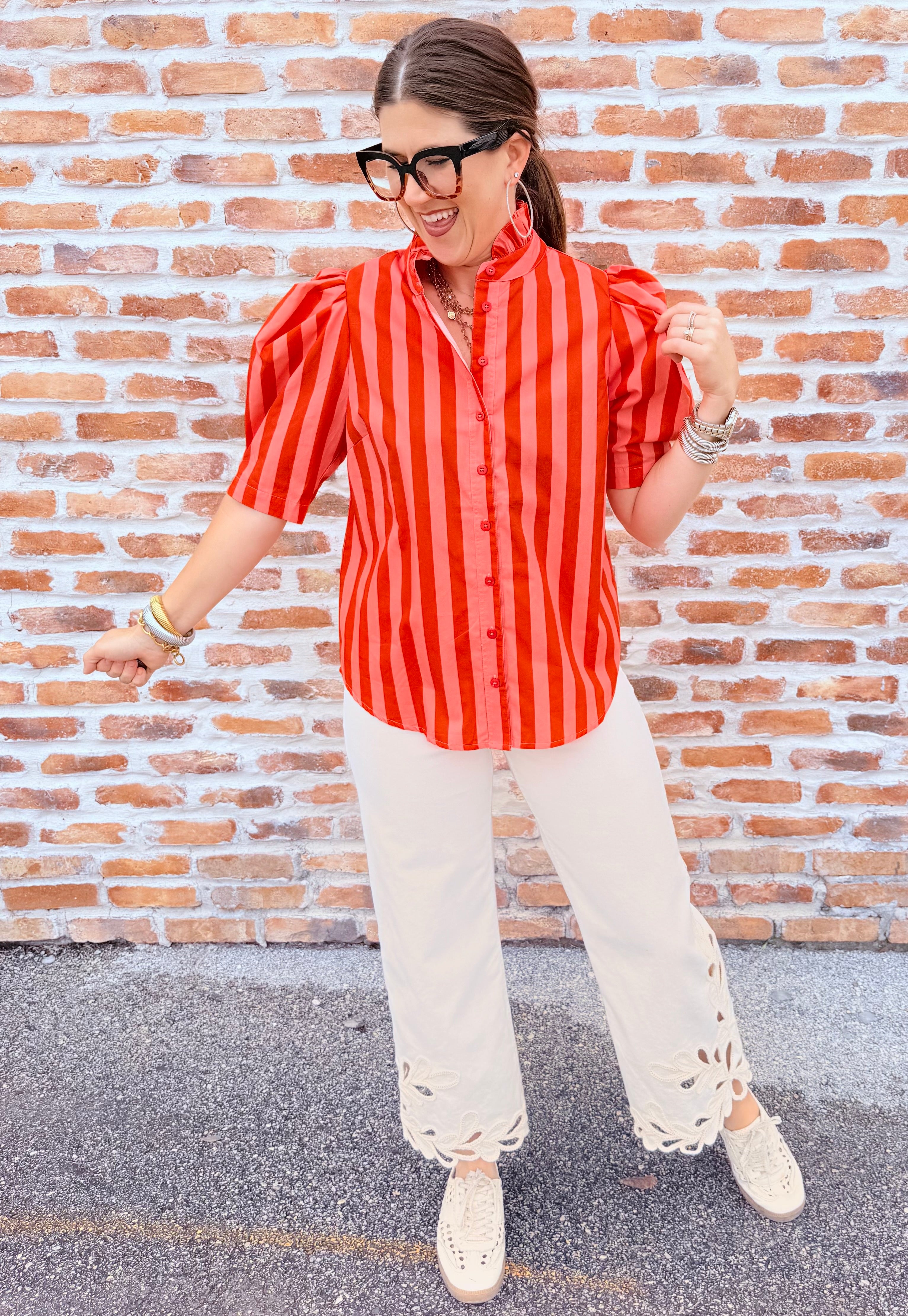 Button Up Ruffle Neck Top