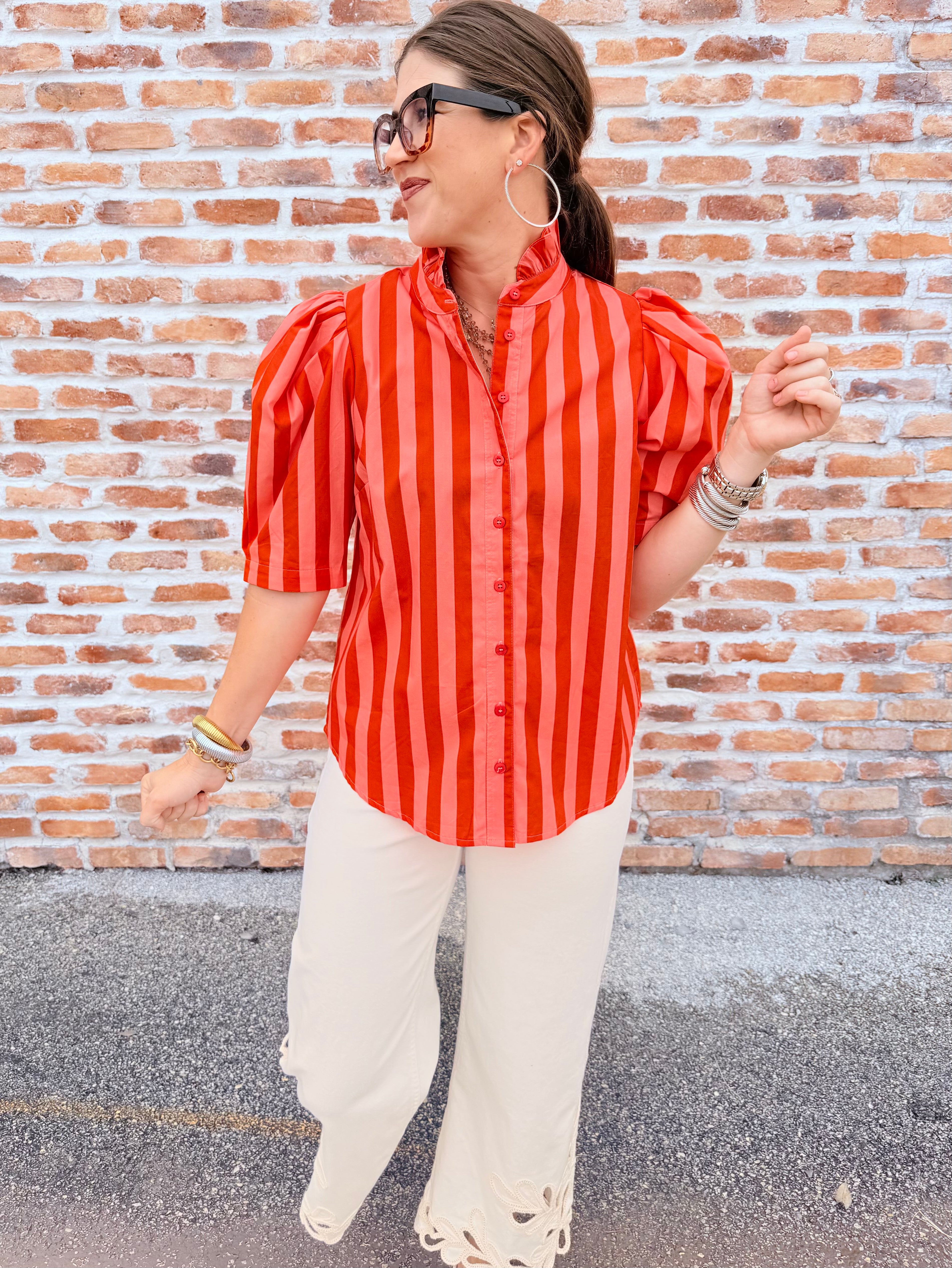 Button Up Ruffle Neck Top