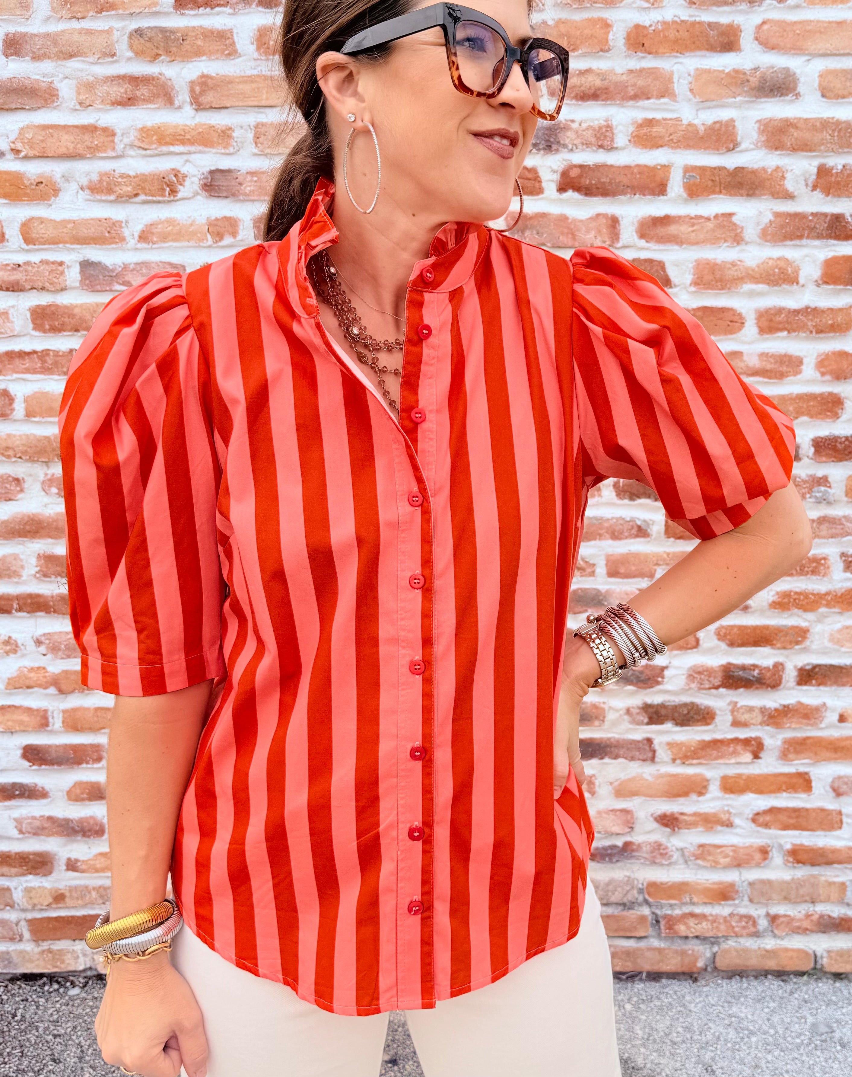 Button Up Ruffle Neck Top