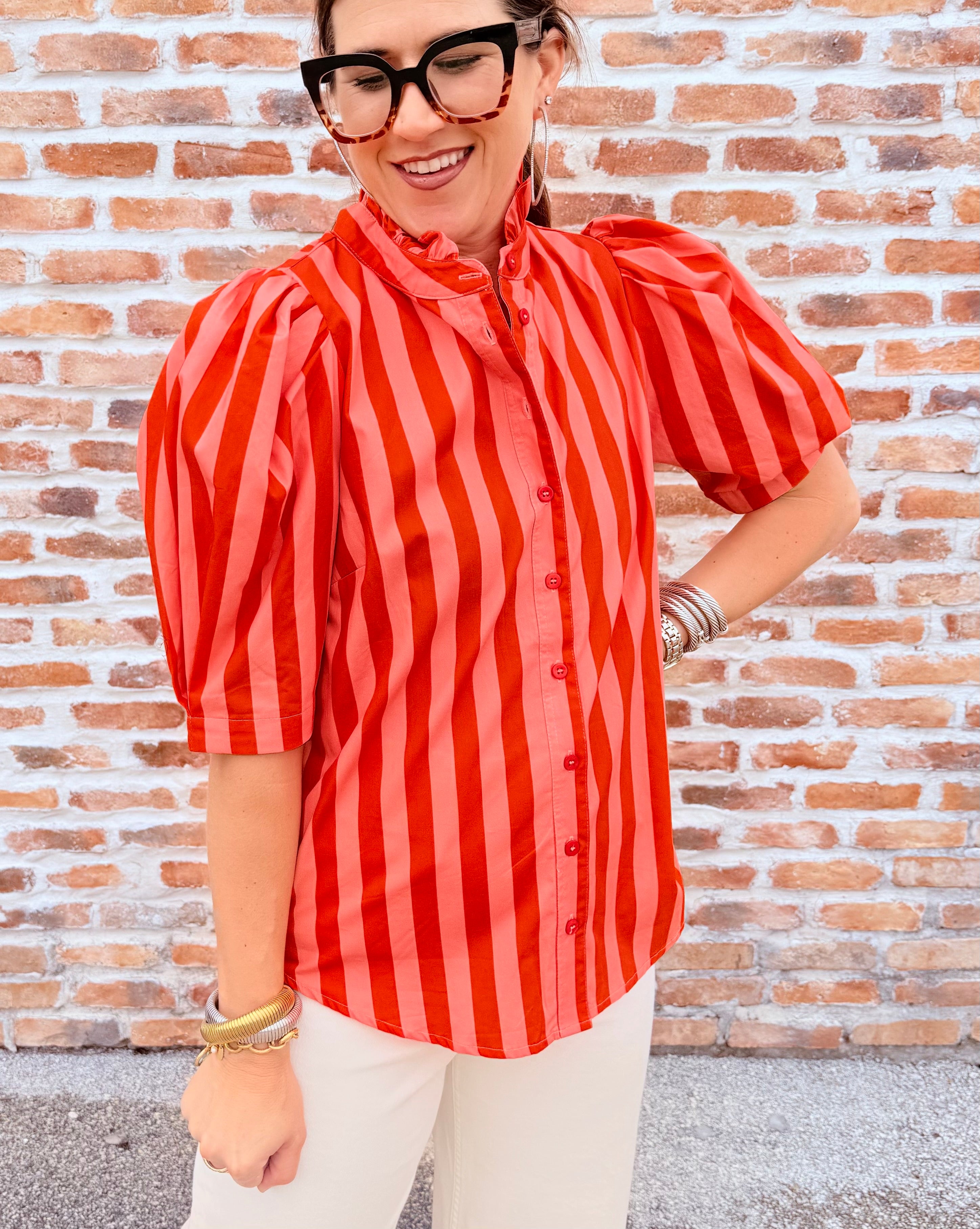 Button Up Ruffle Neck Top