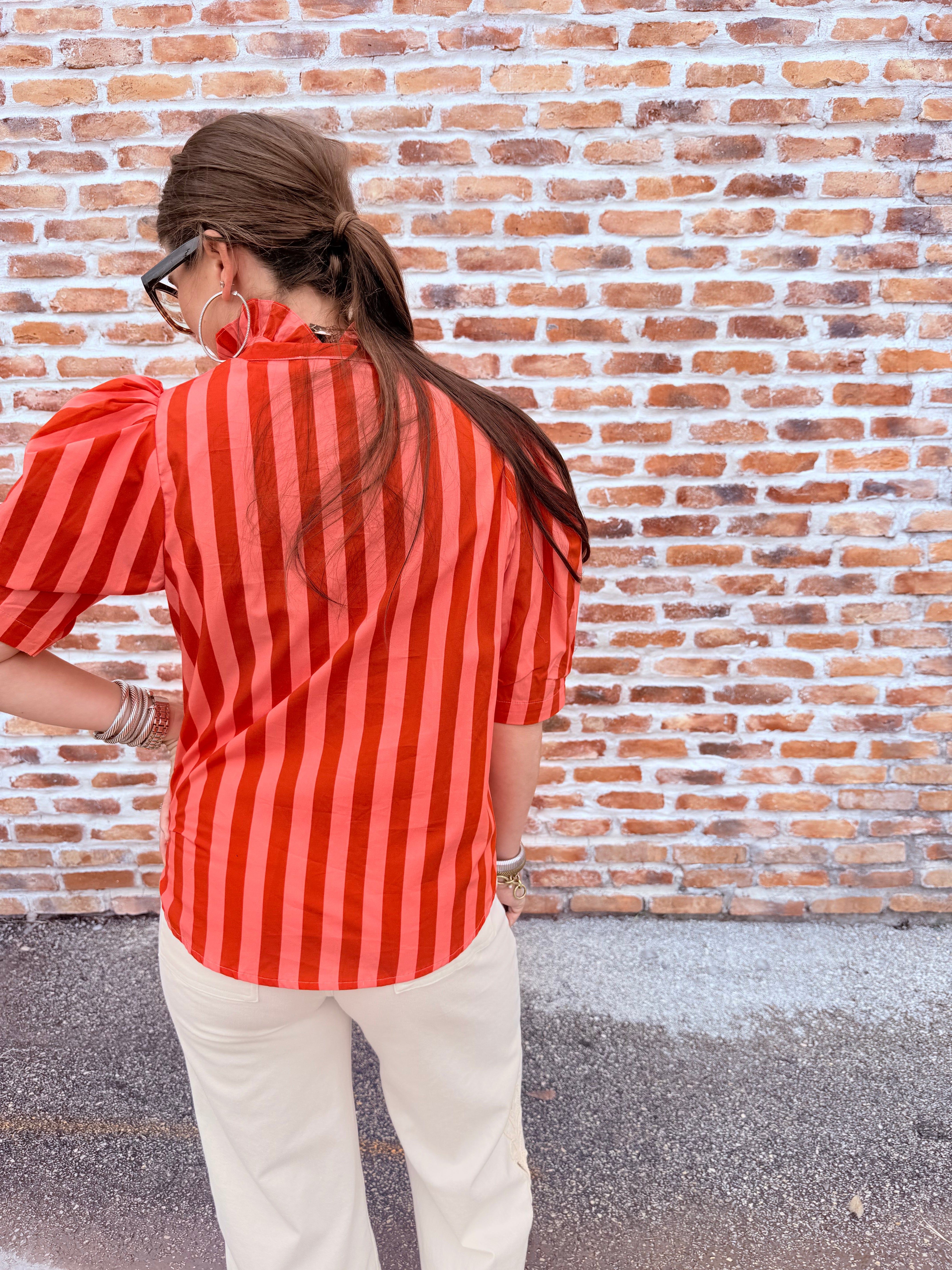 Button Up Ruffle Neck Top