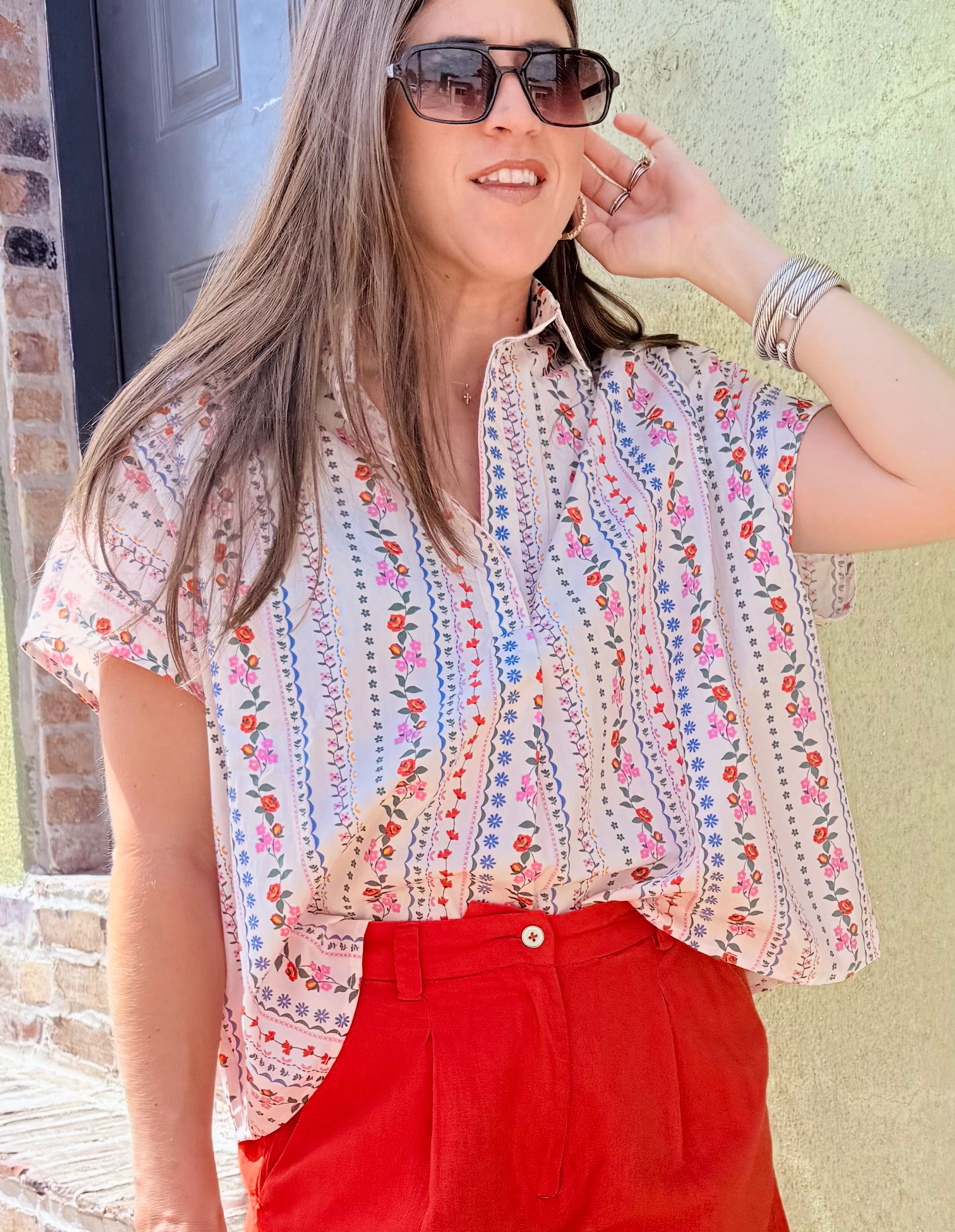 French Multi Floral Vneck Top