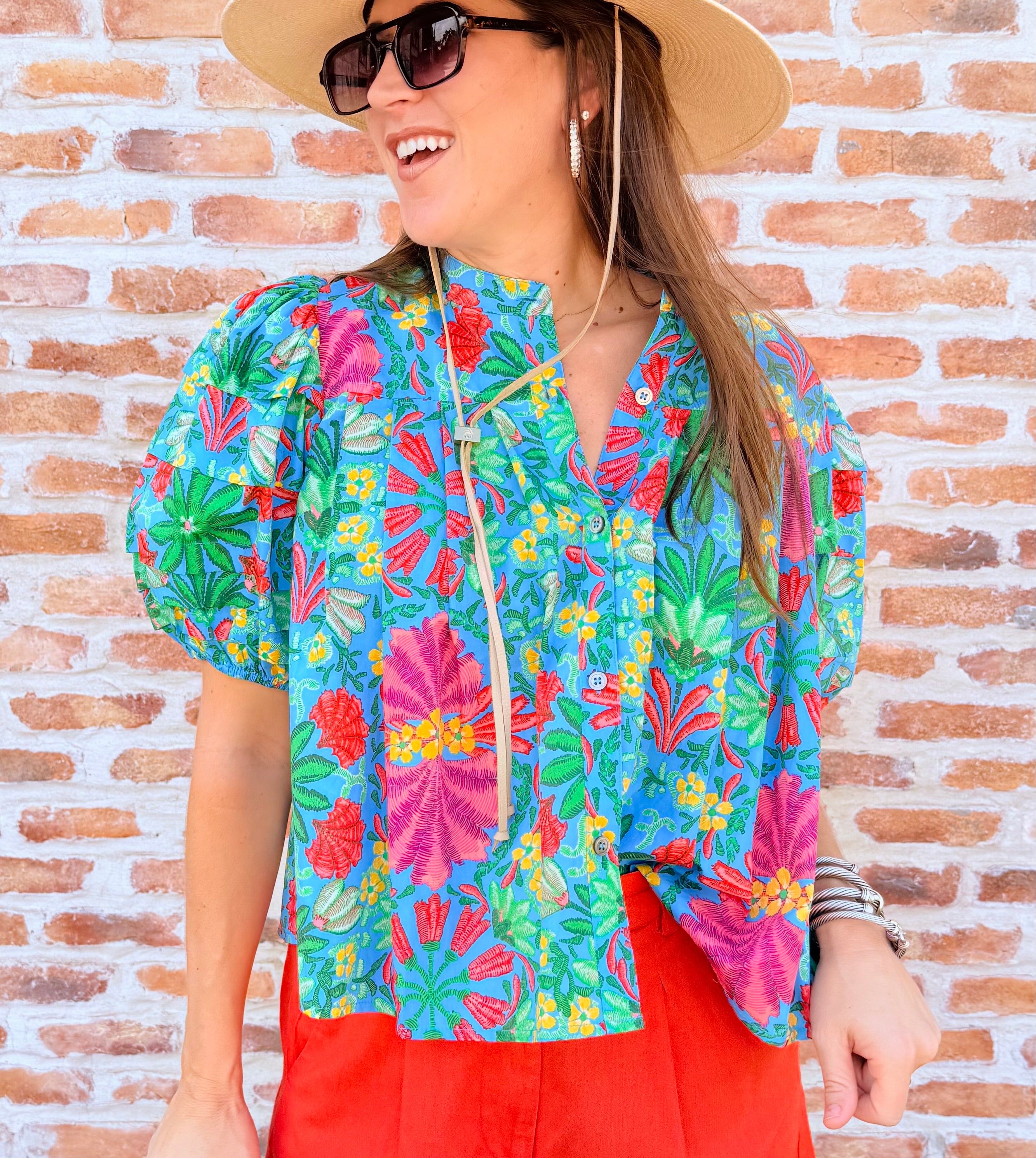 Tropical Pleat Sleeve Top