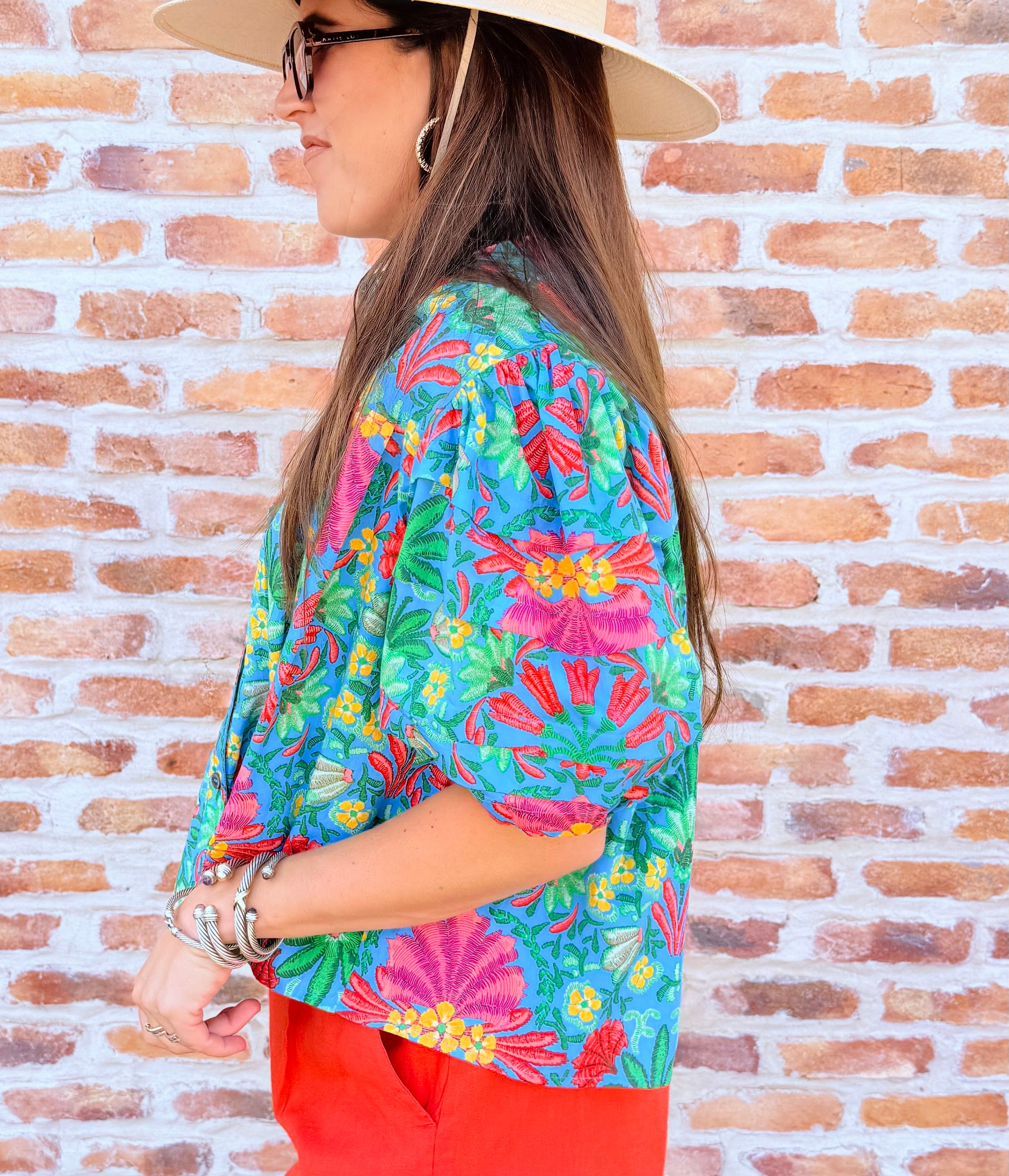 Tropical Pleat Sleeve Top