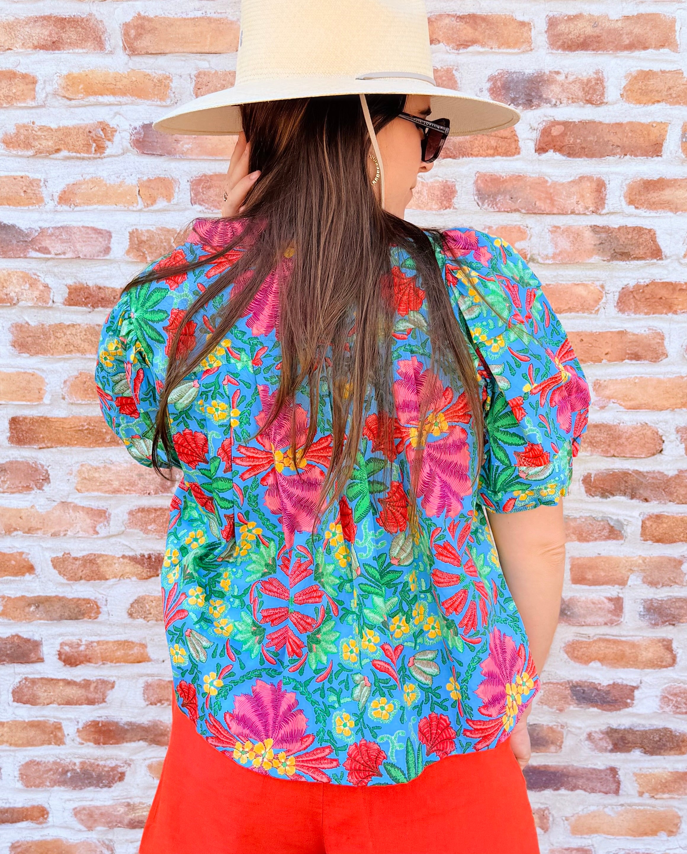 Tropical Pleat Sleeve Top