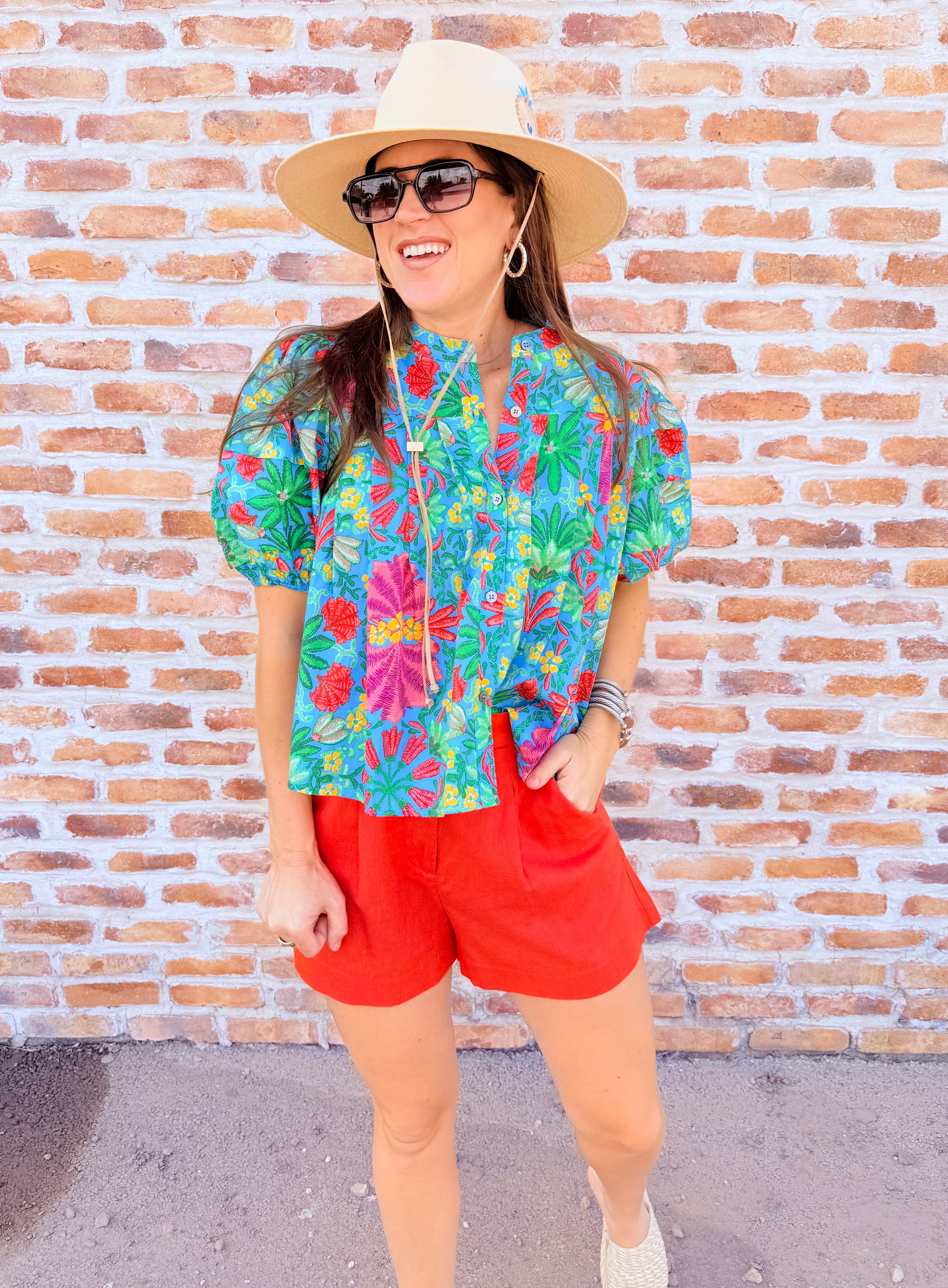Tropical Pleat Sleeve Top