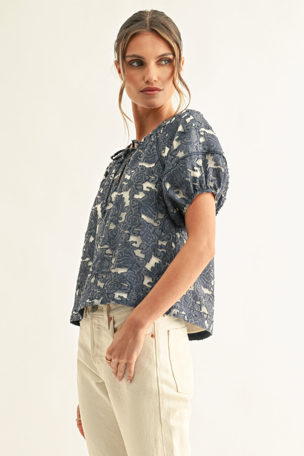 Briana Jacquard Lantern Sleeves Blouse