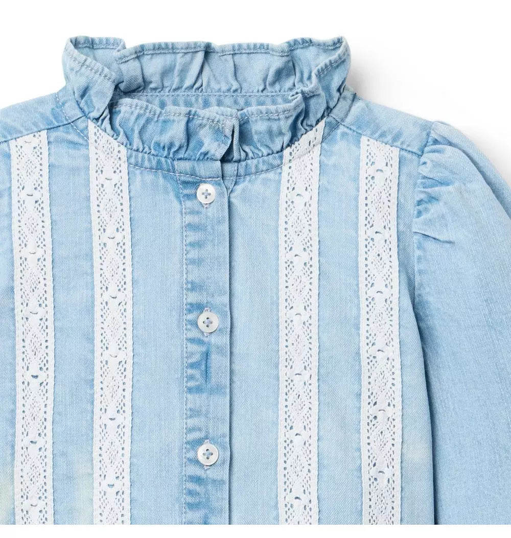 Chambray Trim Long Sleeve Top