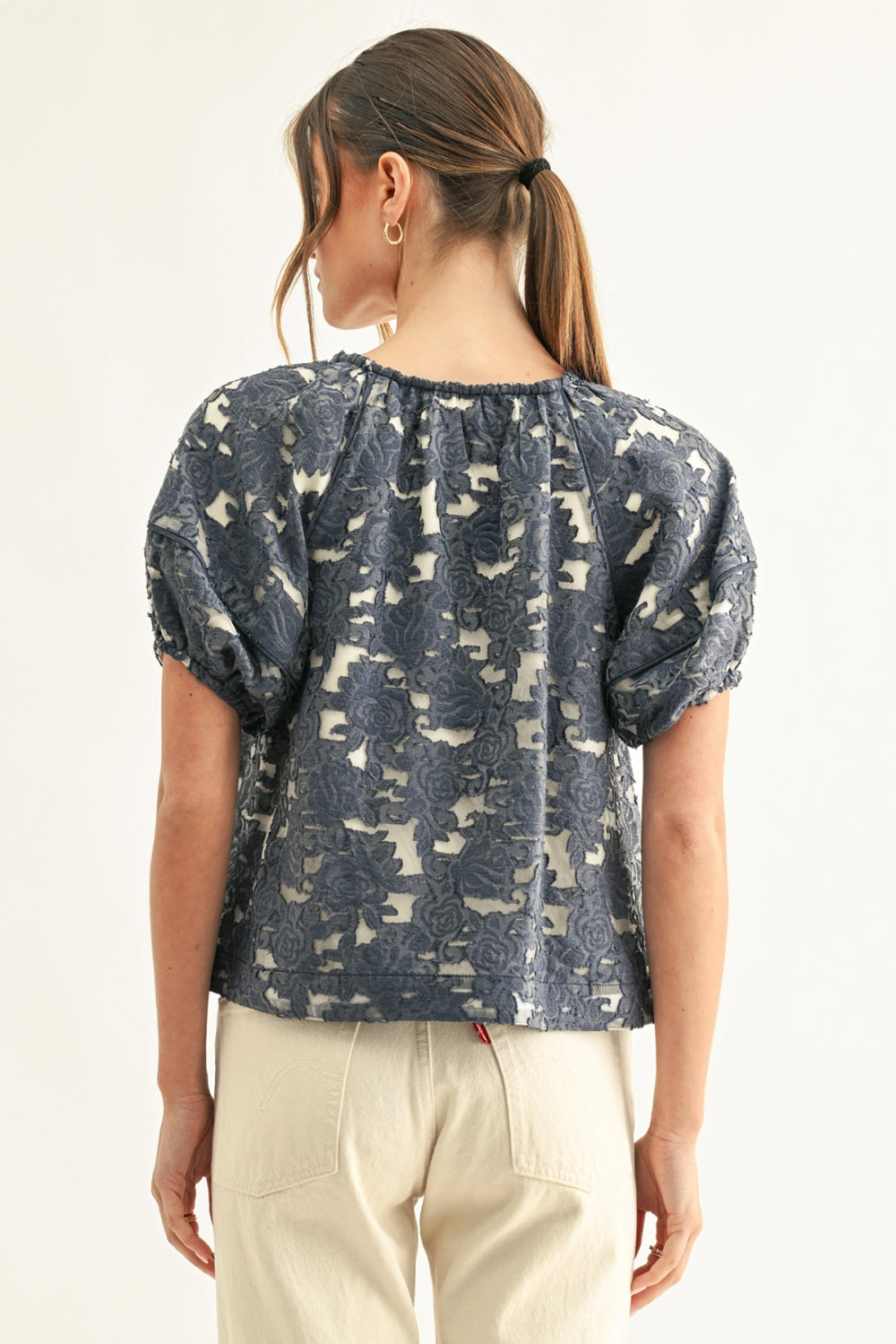 Briana Jacquard Lantern Sleeves Blouse